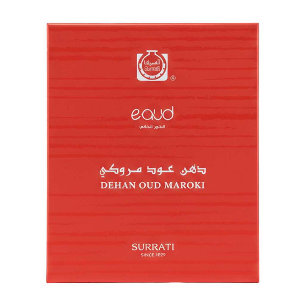 Red rectangular box packaging for Surrati Eoud Dehan Oud Maroki, featuring white Arabic and English text on a clean white background.