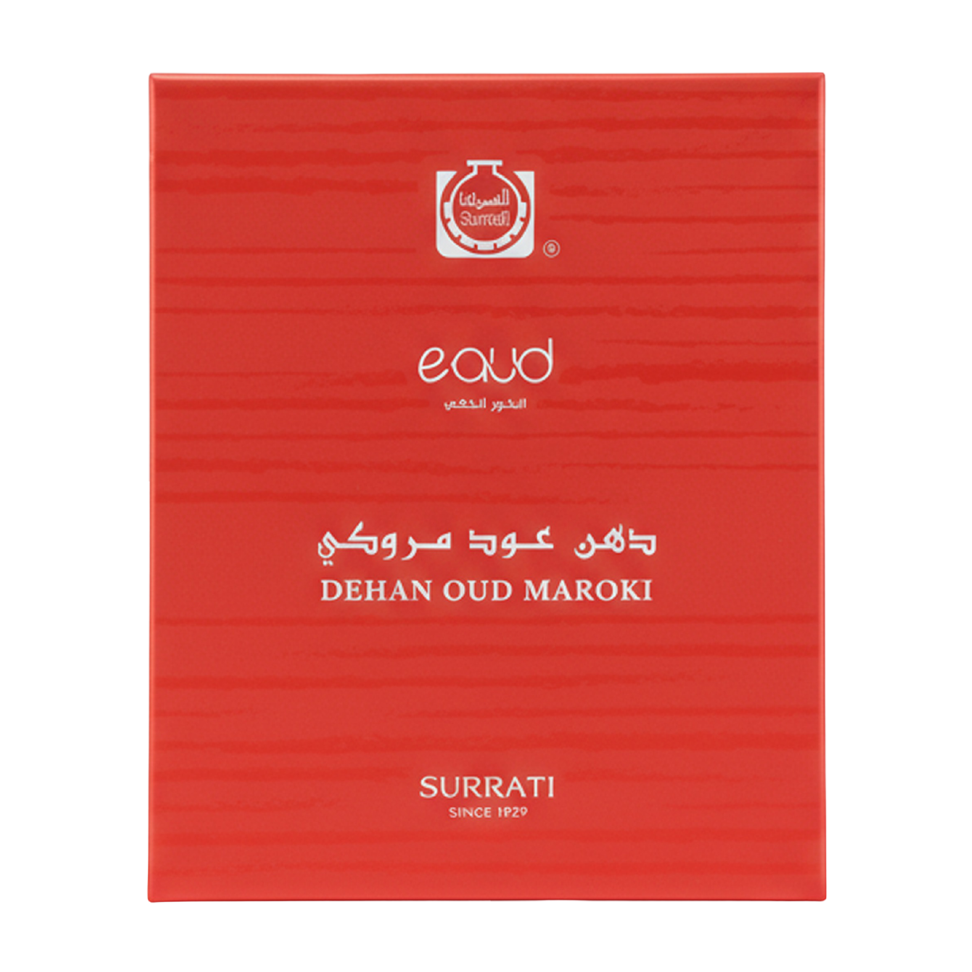 Red rectangular box packaging for Surrati Eoud Dehan Oud Maroki, featuring white Arabic and English text on a clean white background.