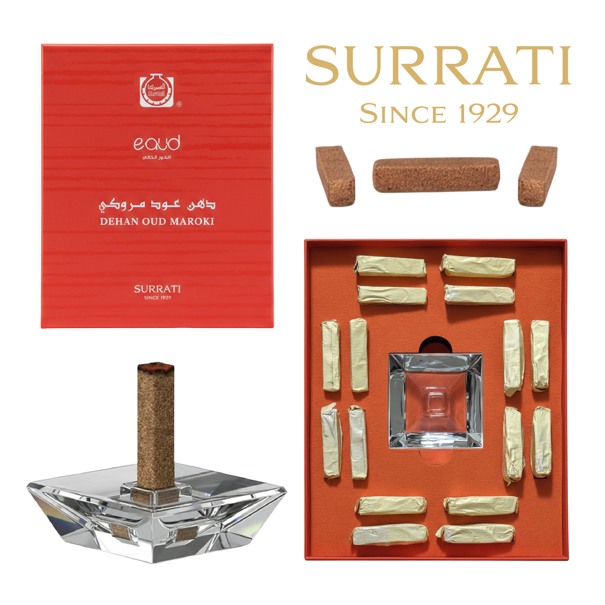 Surrati Dehan Qud Maroki set featuring a red outer box, a silver glass and cork incense holder, and multiple wrapped incense sticks arranged in an orange tray on a white background, with 'Surrati Since 1929' text at the top.