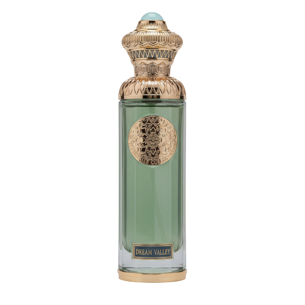 Perfume bottle with gold cap and decorative label on a white background