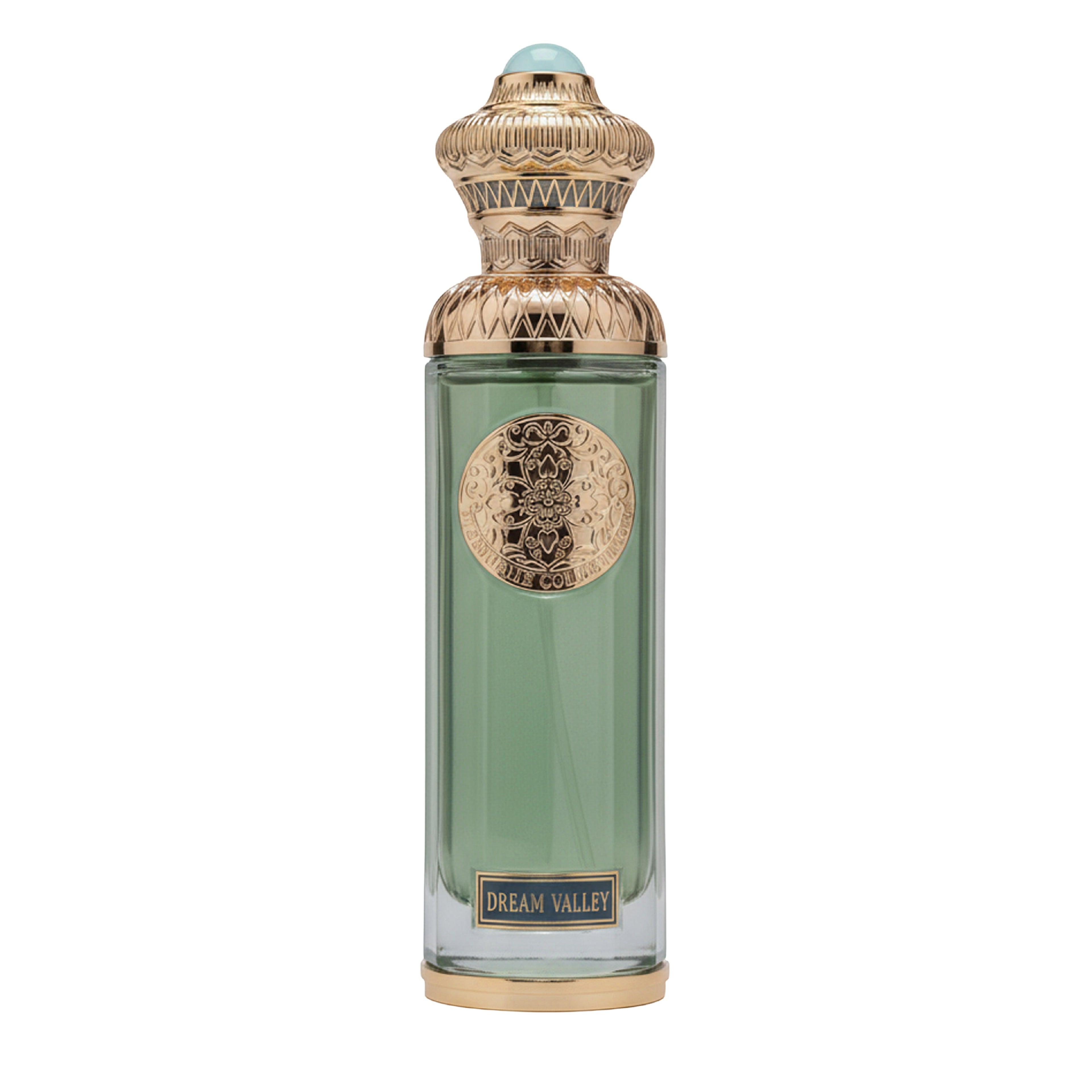 Perfume bottle with gold cap and decorative label on a white background