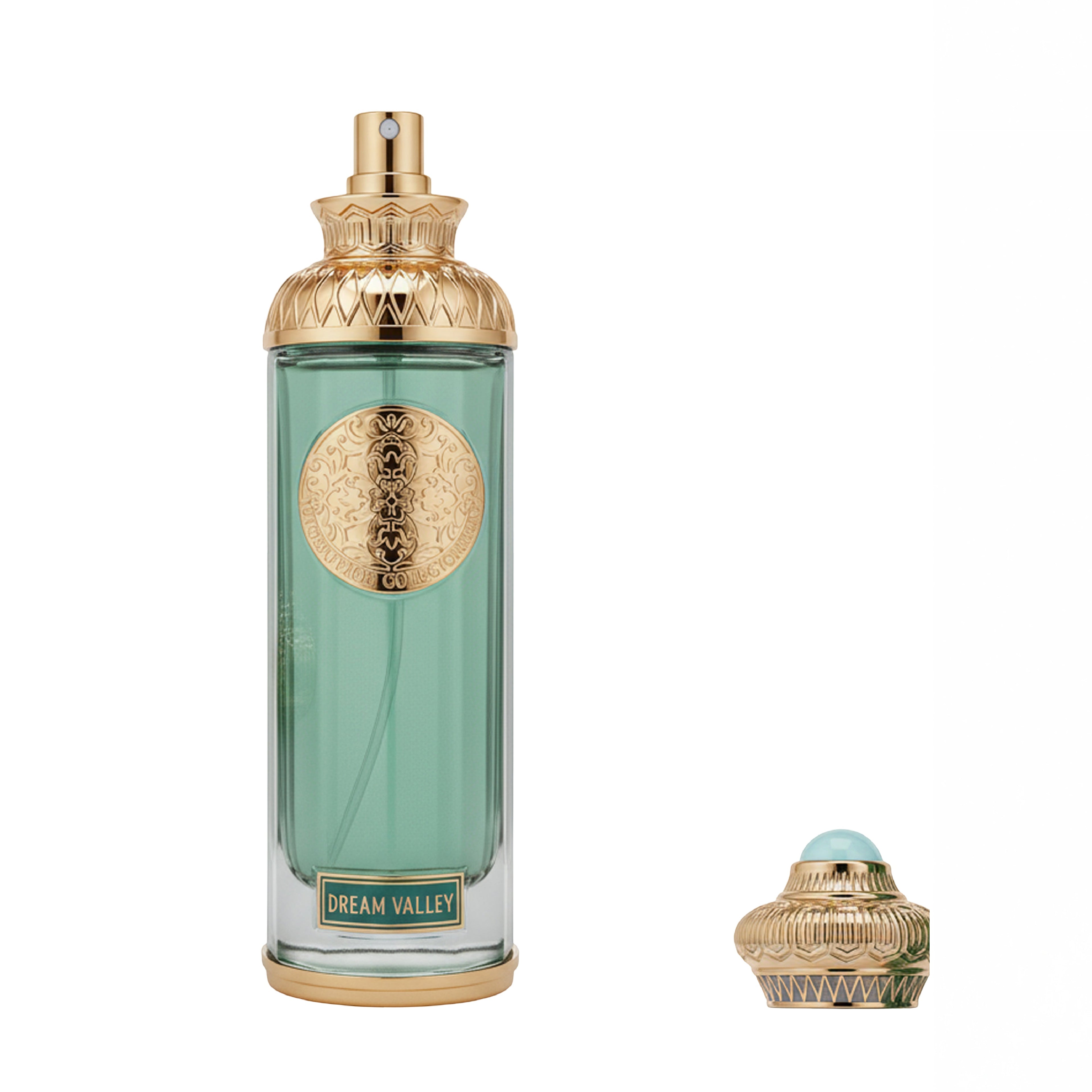 Perfume bottle with gold cap and decorative label on a white background