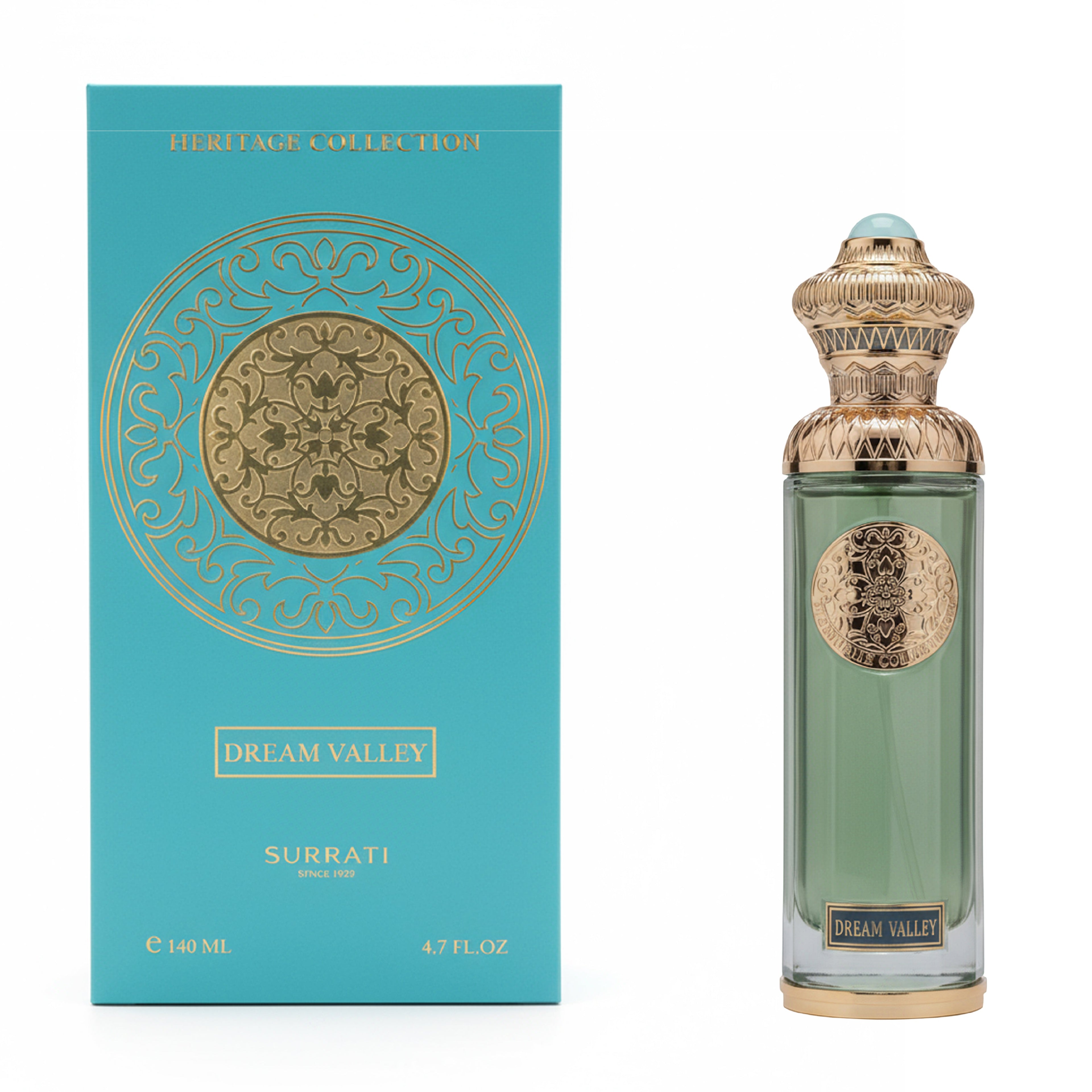 Perfume bottle and packaging with intricate design on a white background