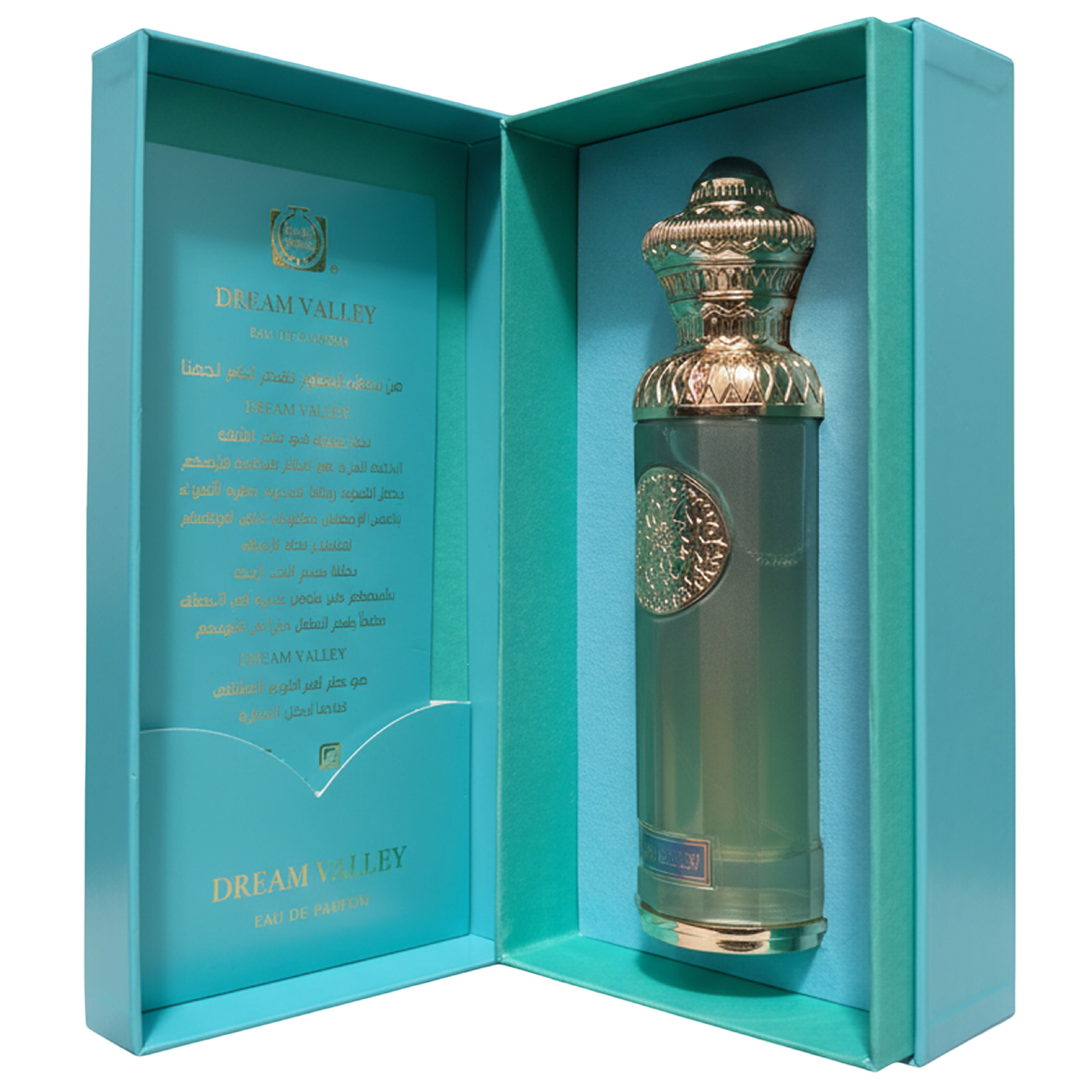 Perfume bottle with decorative cap in a turquoise box, featuring 'Dream Valley' branding.