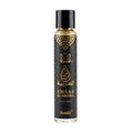 Perfume bottle with black and gold design on a white background