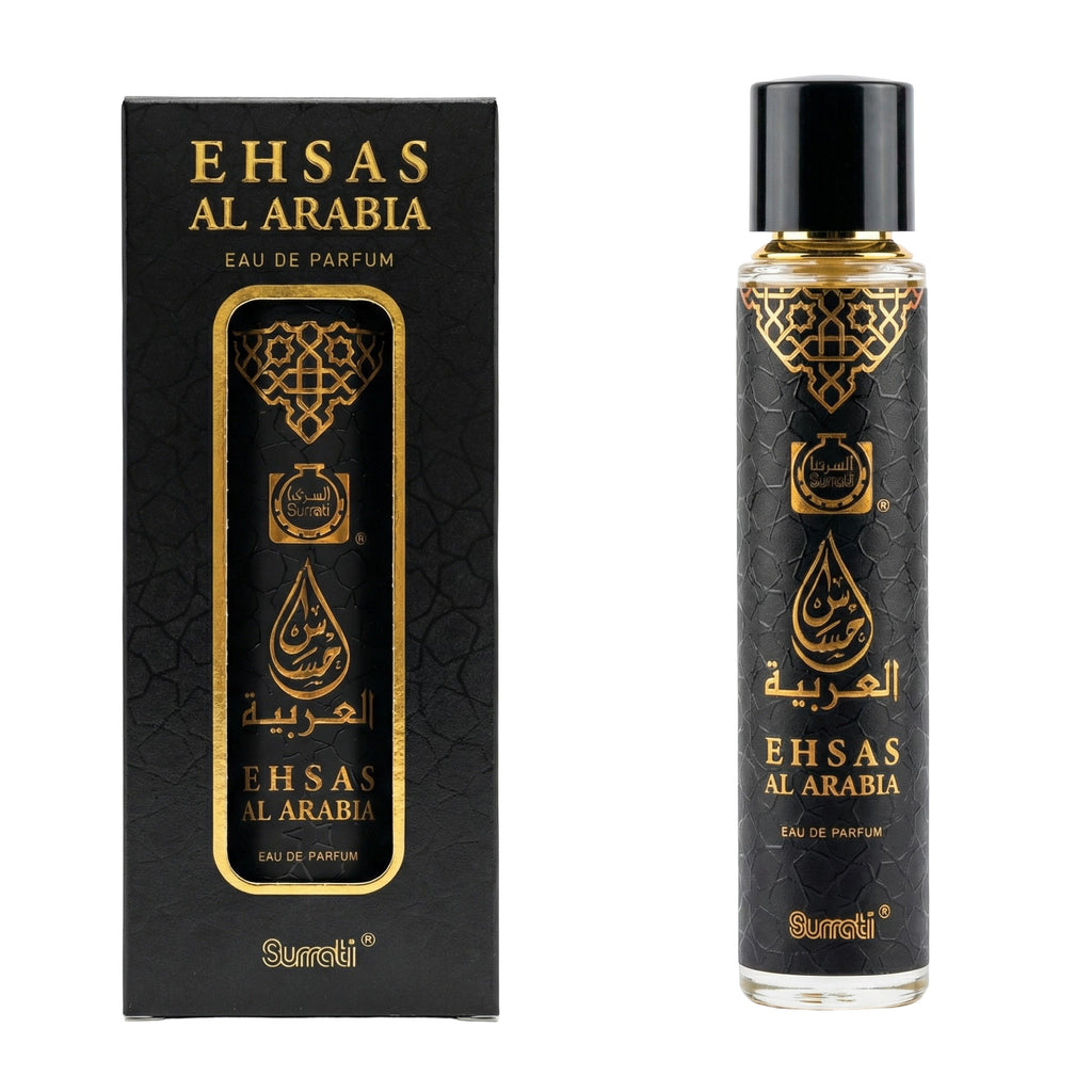 Ehsas Al Arabia Eau de Parfum bottle and its black packaging box with gold lettering, shown side-by-side on a white background.