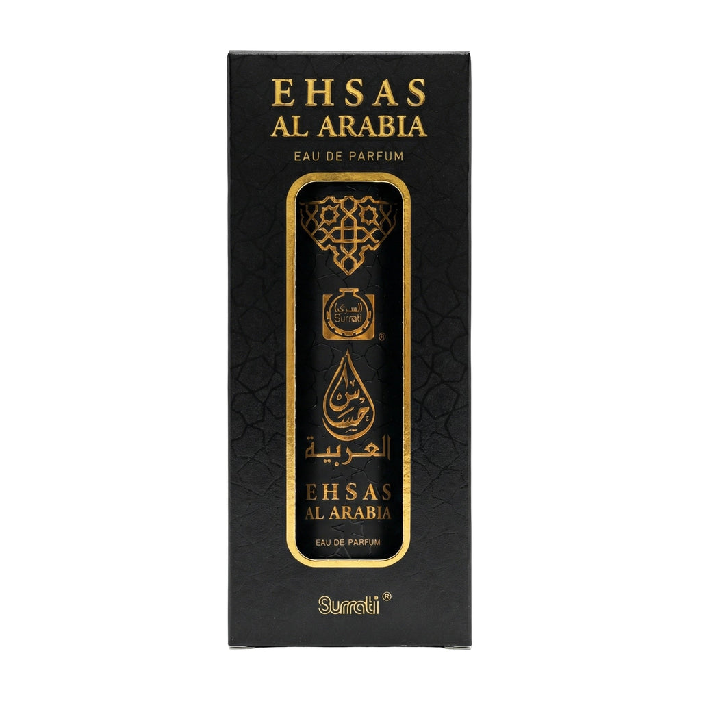 Ehsas Al Arabia Eau de Parfum box by Suradi, featuring a black textured background with gold lettering and a central gold-embossed droplet design.
