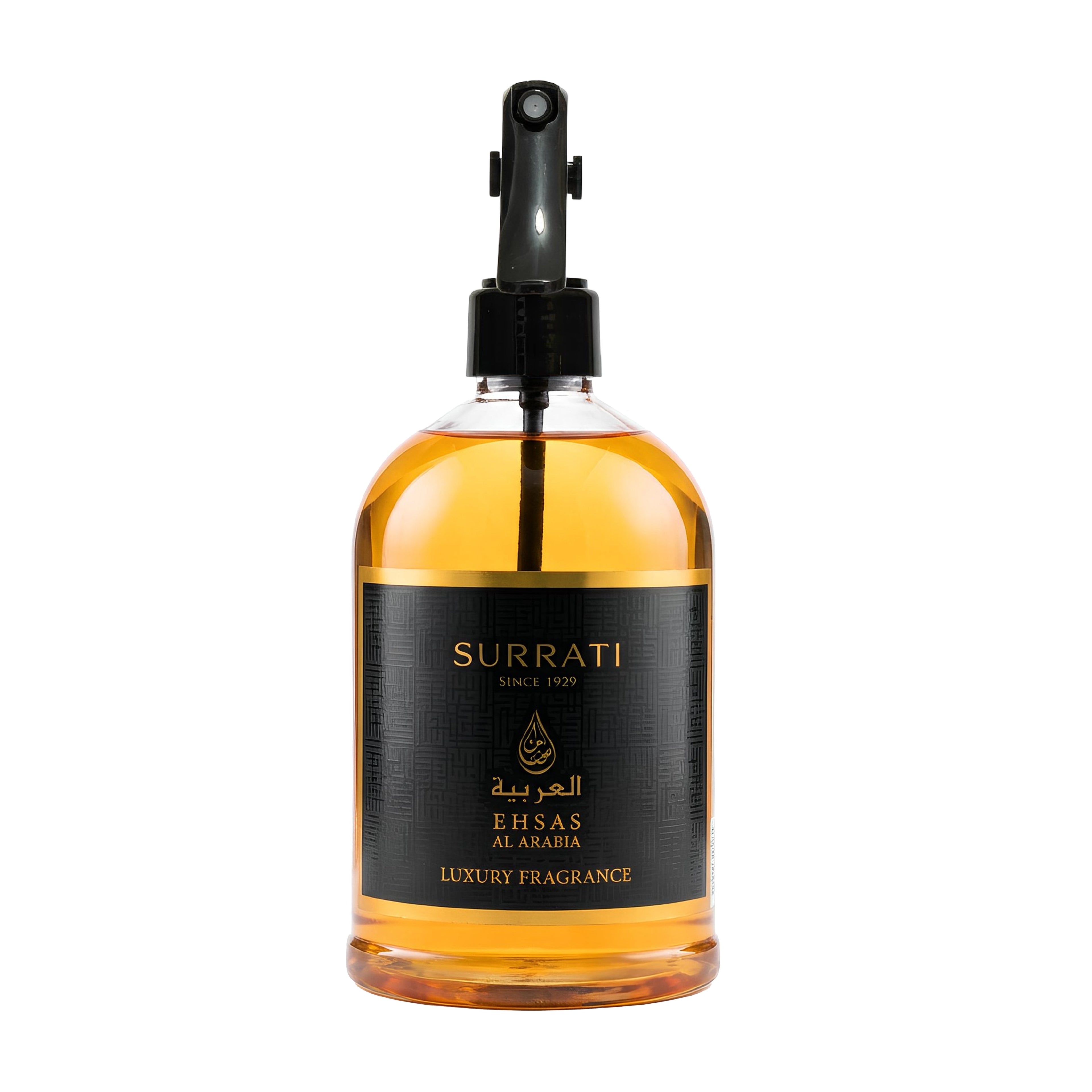Surrati luxury fragrance bottle with black label on a white background
