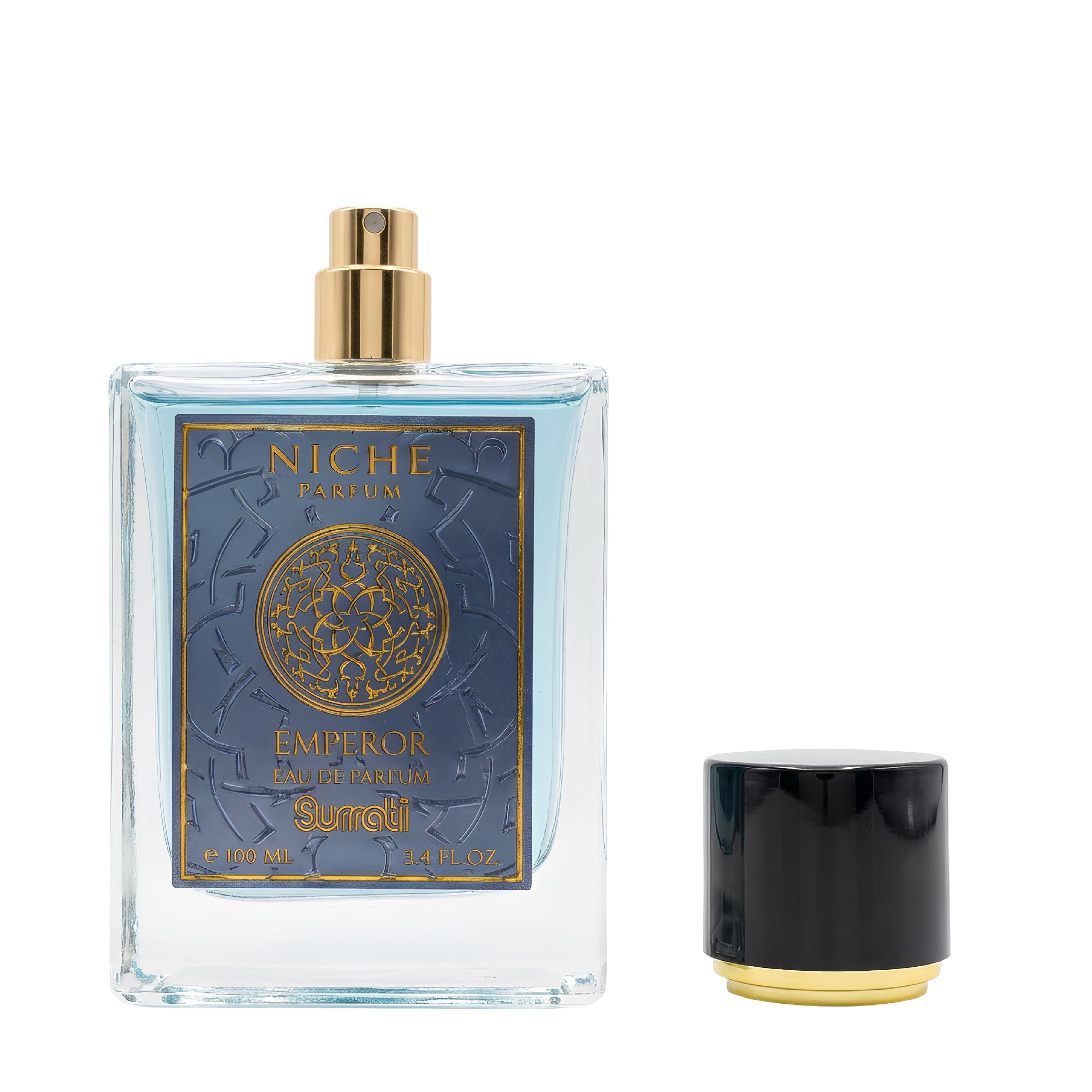 Niche Parfum Surmeli Emperor Eau de Parfum bottle with a gold spray cap and a separate black cap with a gold base, shown on a white background.
