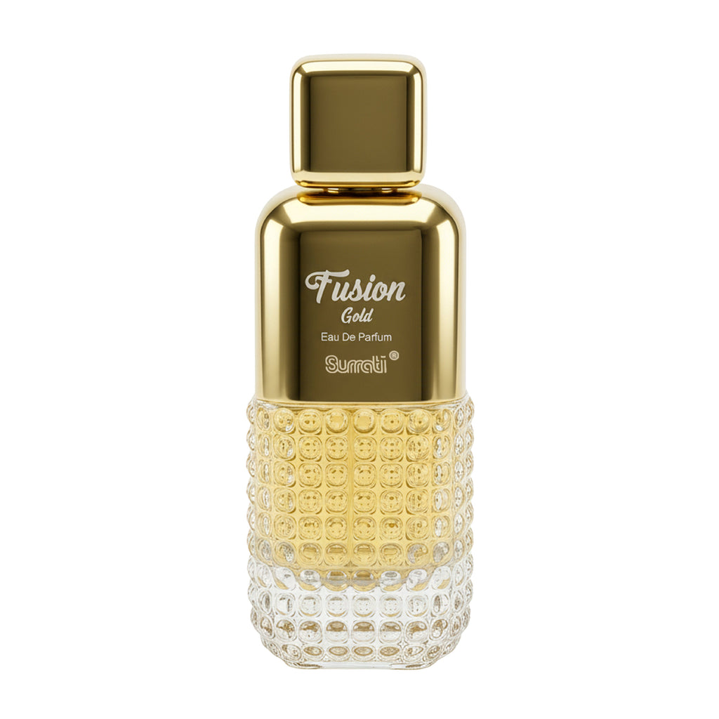 Gold and clear perfume bottle labeled 'Fusion Gold' on a white background