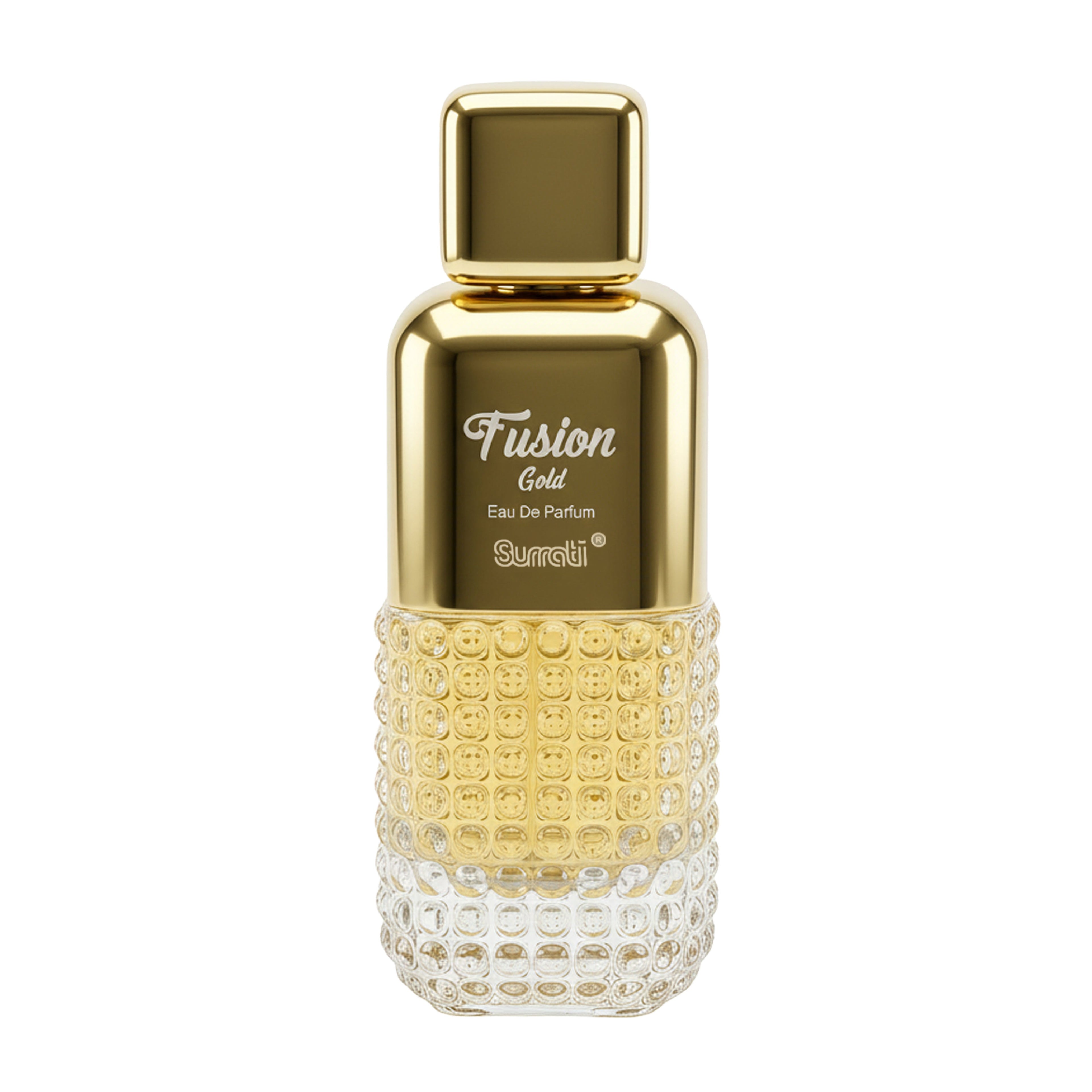 Gold and clear perfume bottle labeled 'Fusion Gold' on a white background