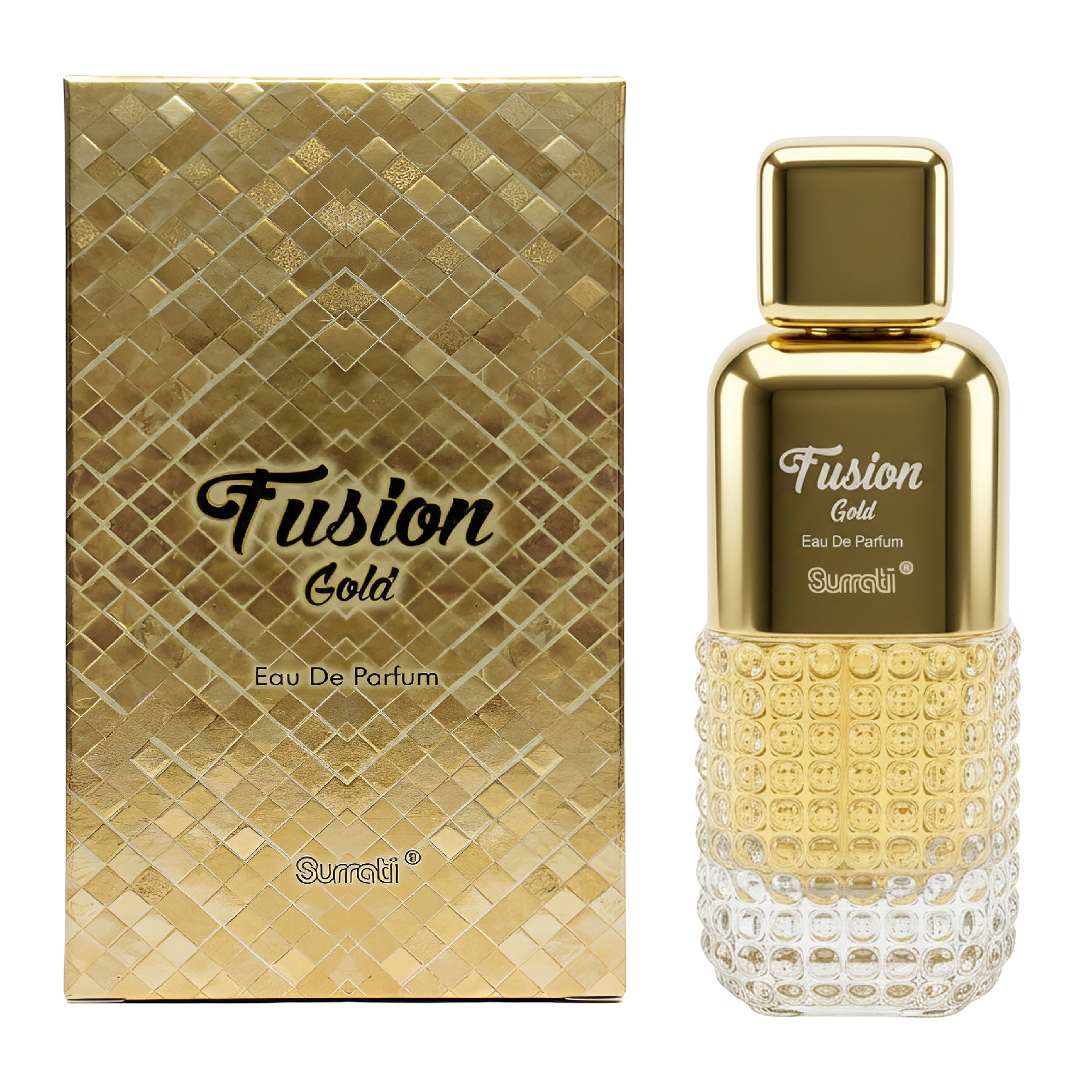 Gold Fusion Eau De Parfum bottle and packaging on a white background