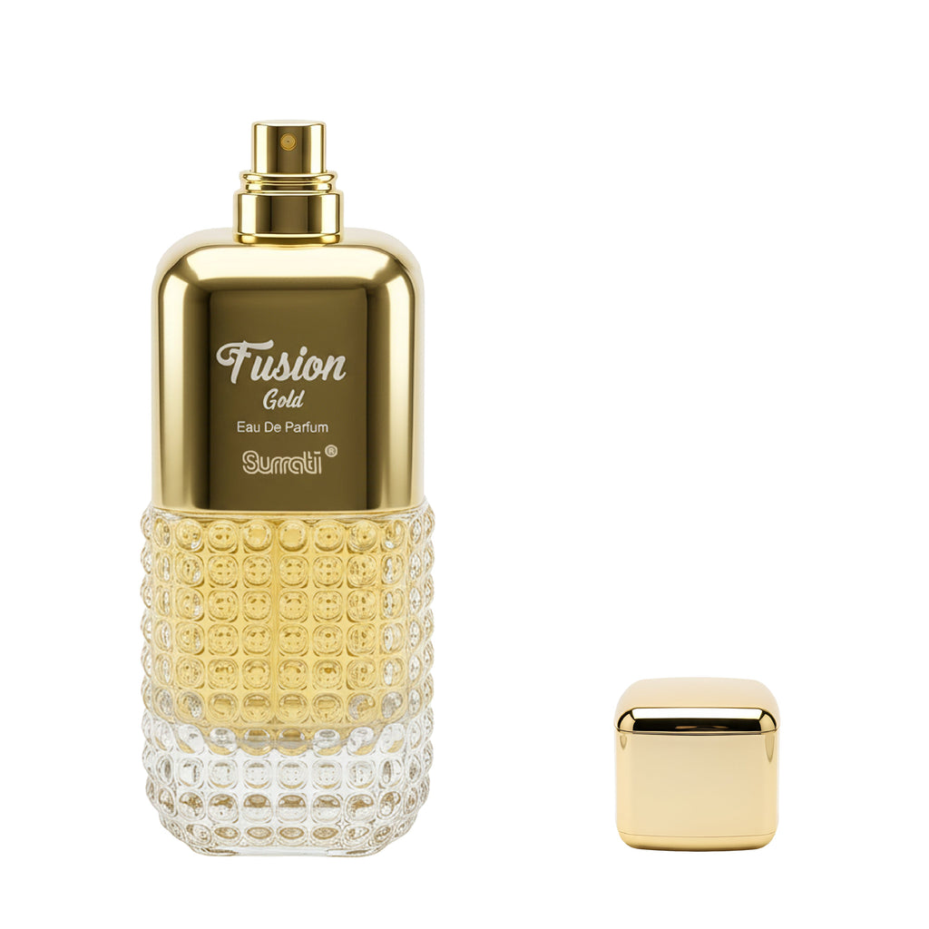 Gold and clear perfume bottle labeled 'Fusion Gold' on a white background
