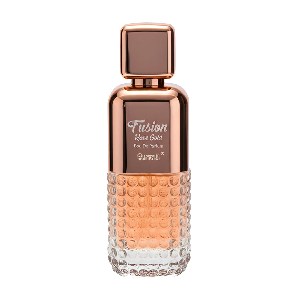 Rose gold and clear perfume bottle labeled 'Fusion' on a white background