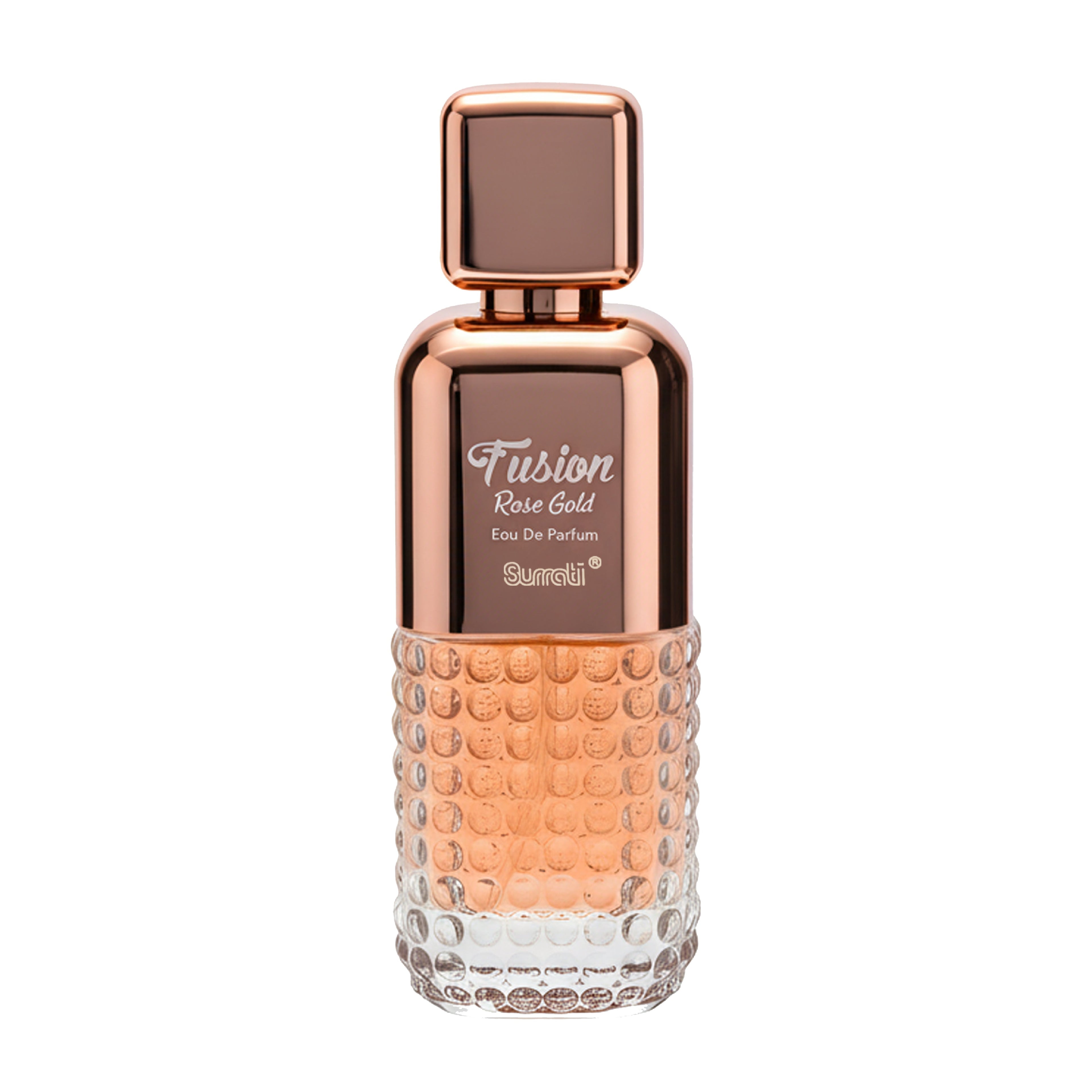 Rose gold and clear perfume bottle labeled 'Fusion' on a white background