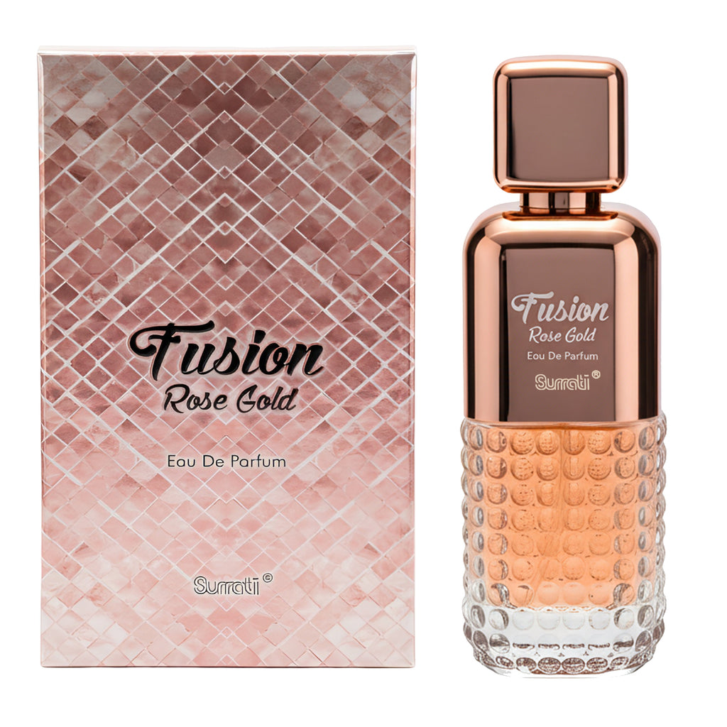 Fusion Rose Gold Eau De Parfum bottle and packaging on a white background