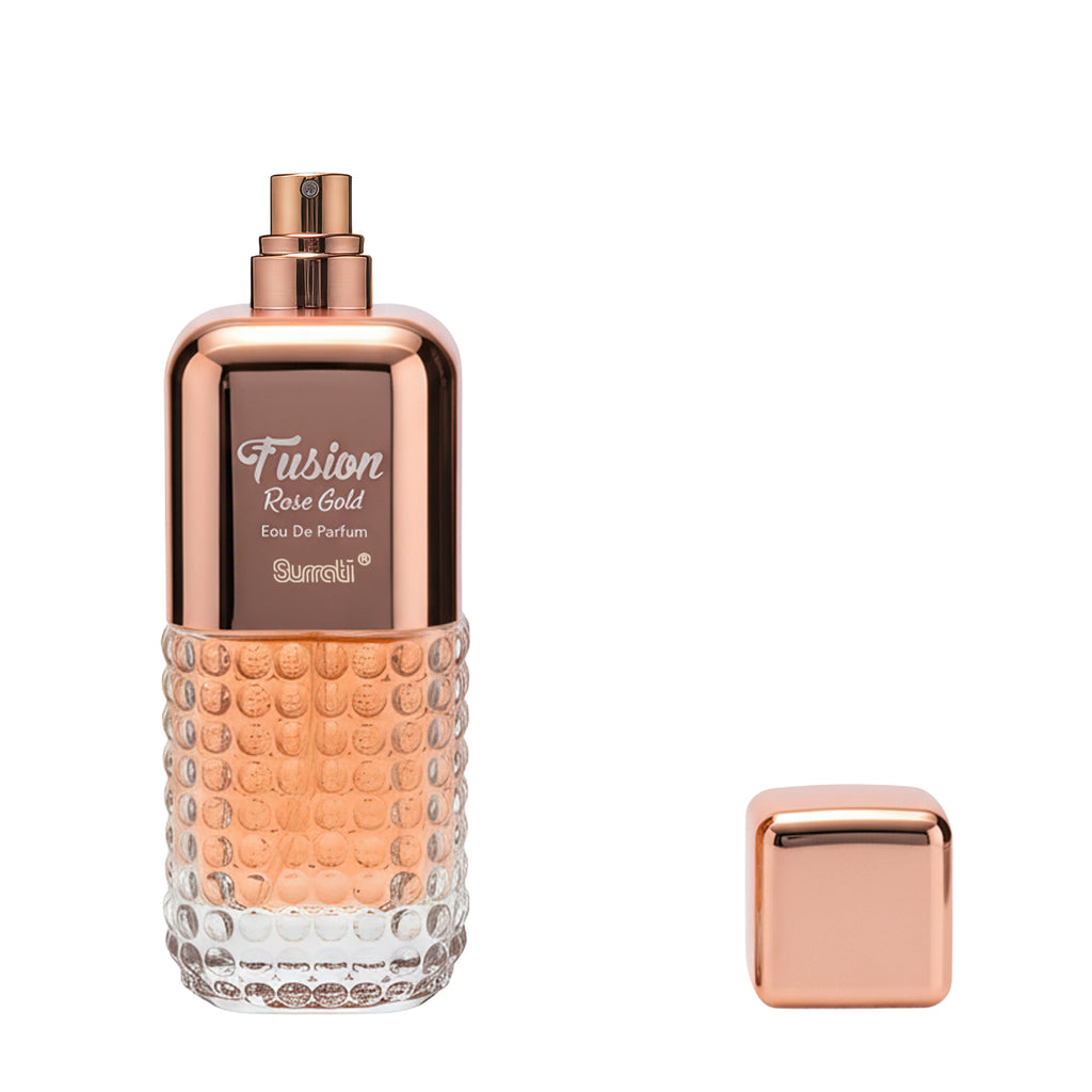 Rose gold perfume bottle with textured design on a white background
