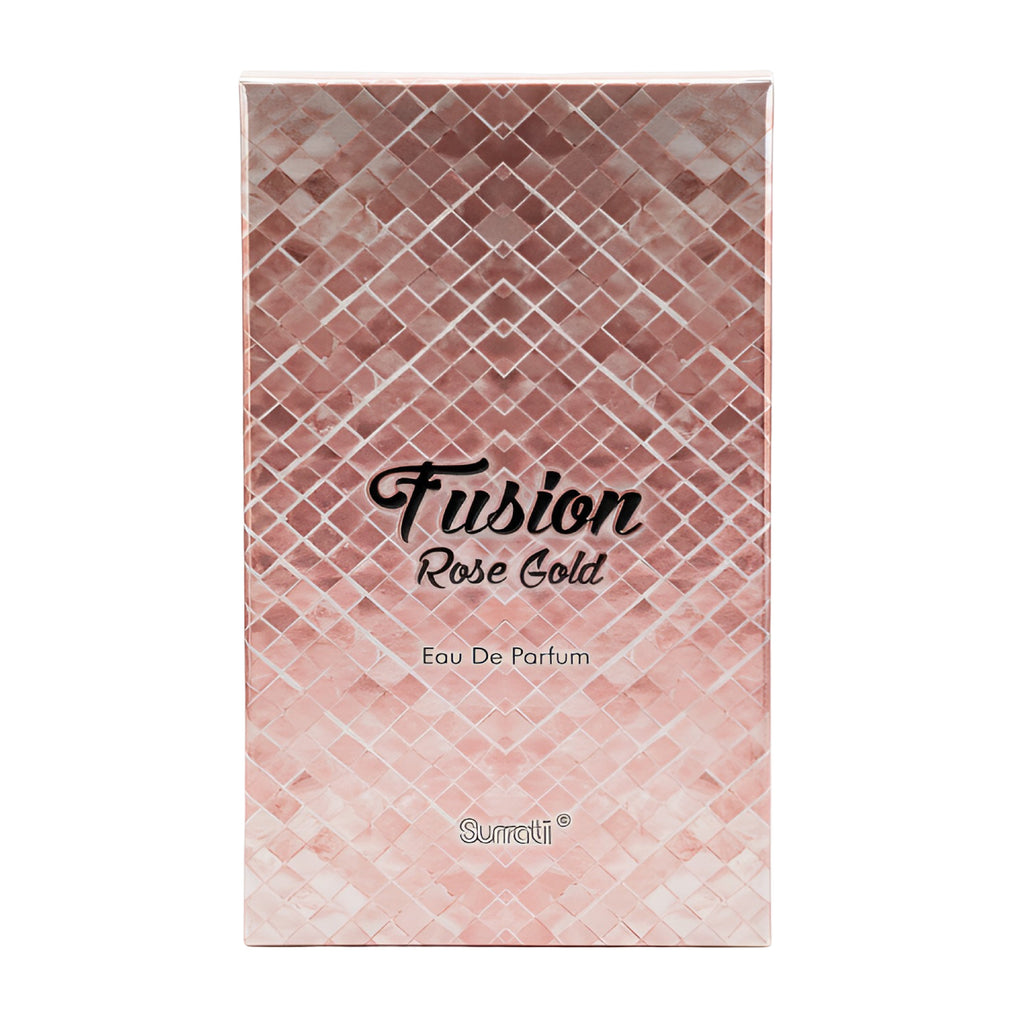 Fusion Rose Gold Eau De Parfum packaging with geometric pattern