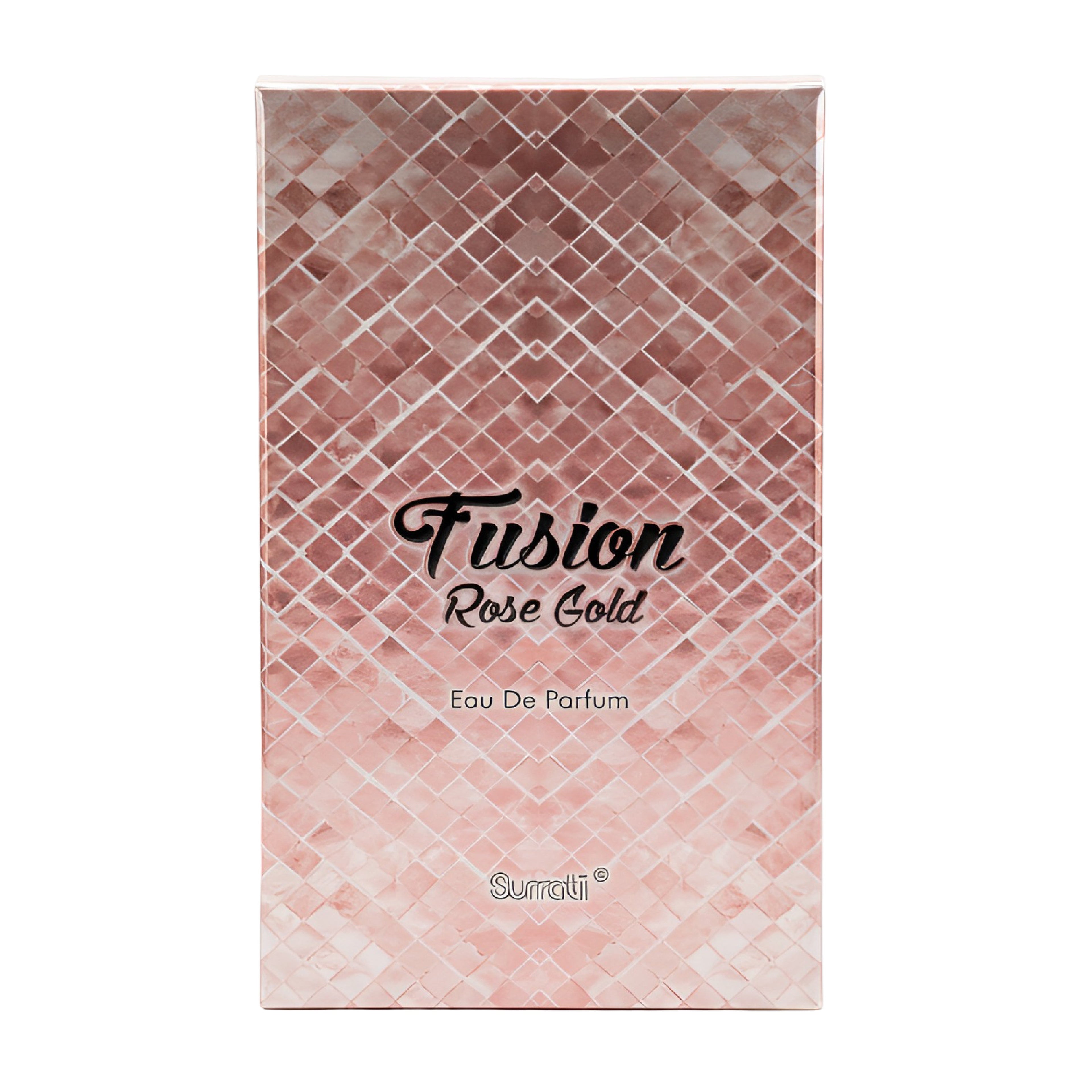 Fusion Rose Gold Eau De Parfum packaging with geometric pattern