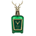 Green perfume bottle with deer design on a white background