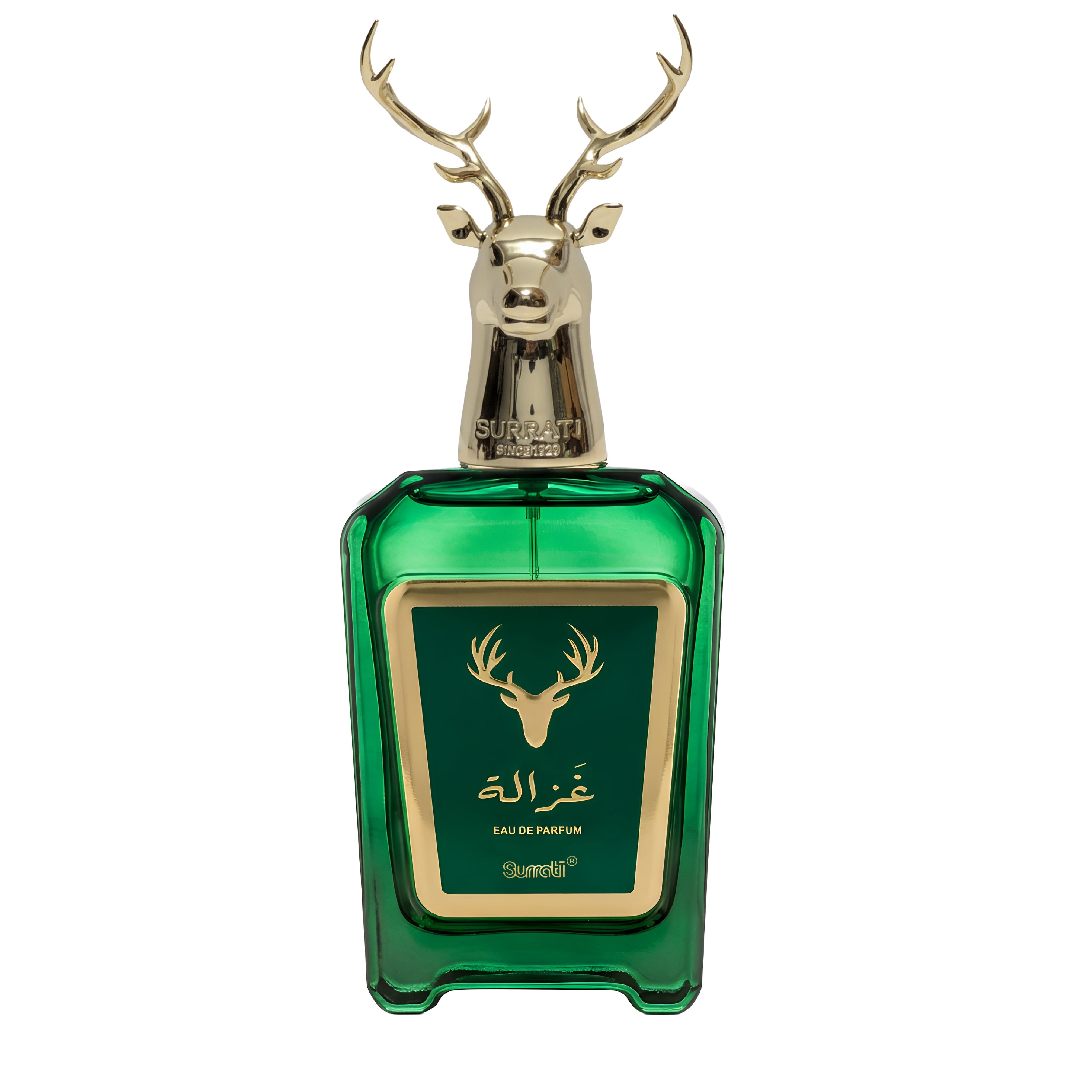 Green perfume bottle with deer design on a white background