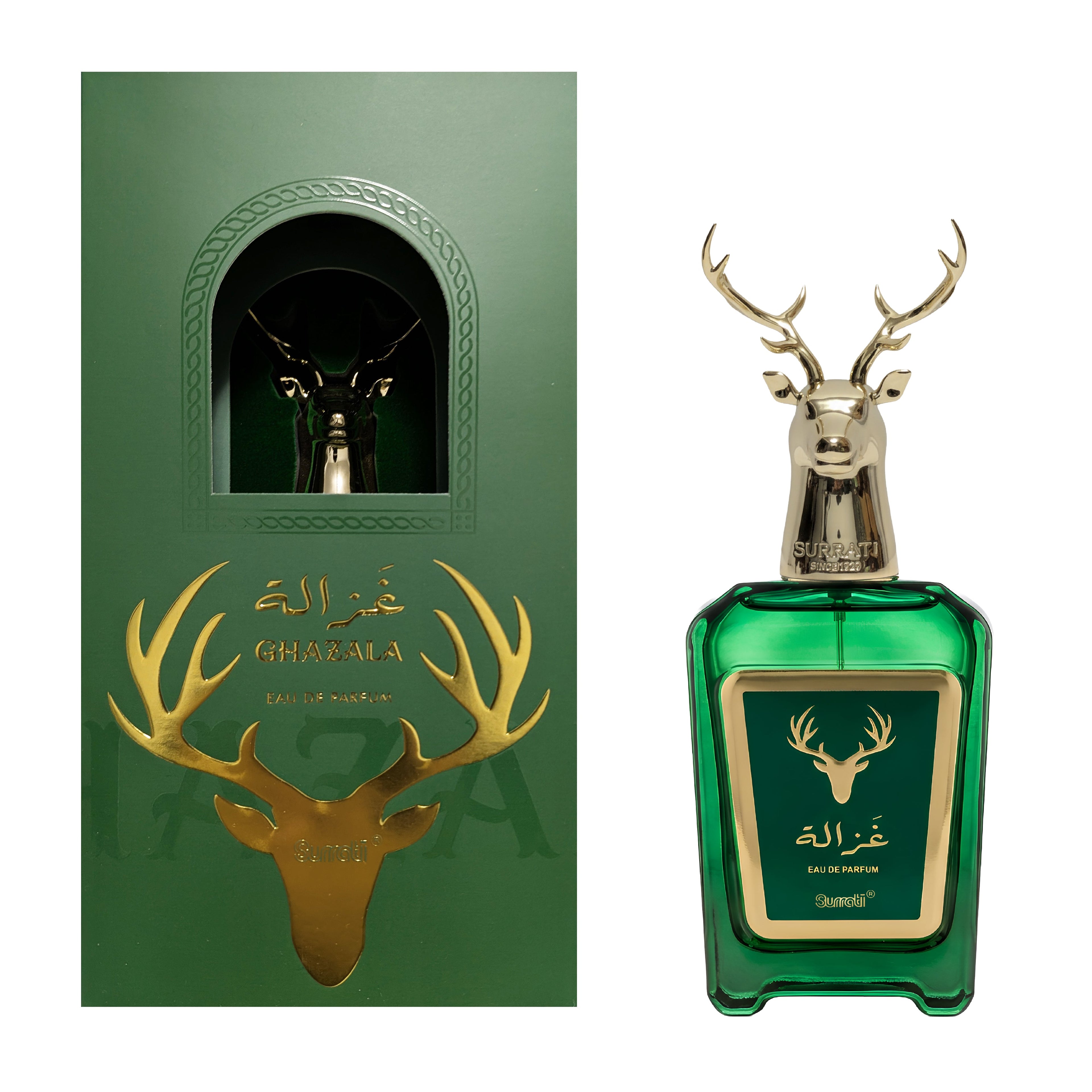Green and gold Ghurara Eau de Parfum bottle shown next to its matching green and gold outer packaging box, featuring a stag head design.