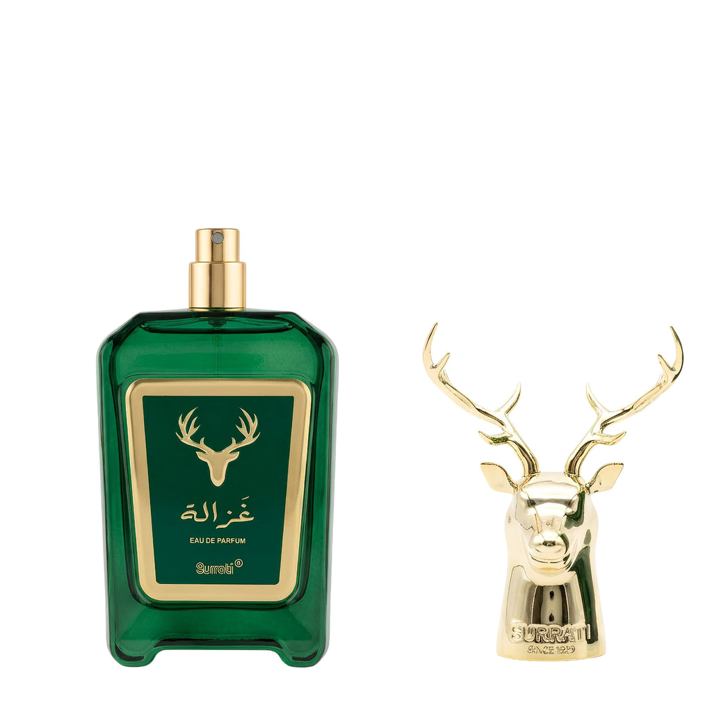 Green perfume bottle with gold accents and deer head design on a white background