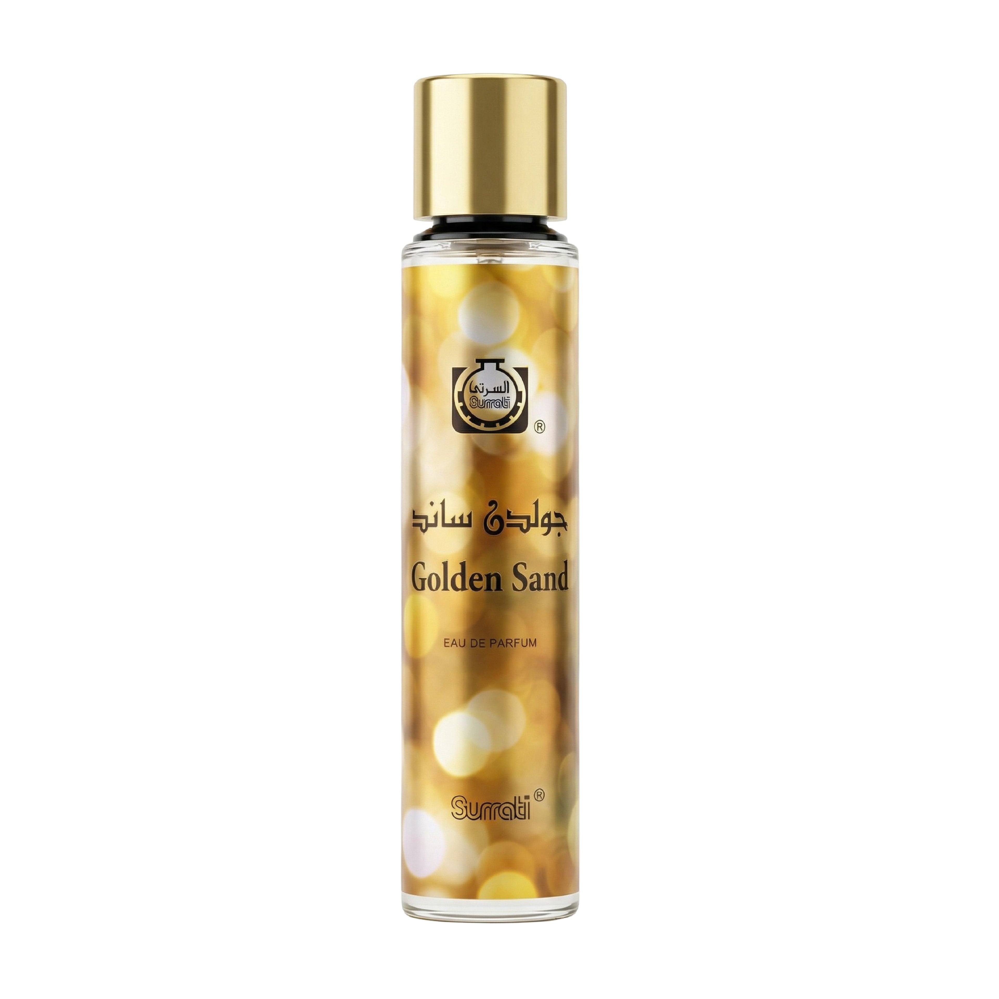 Perfume bottle labeled 'Golden Sand' on a white background