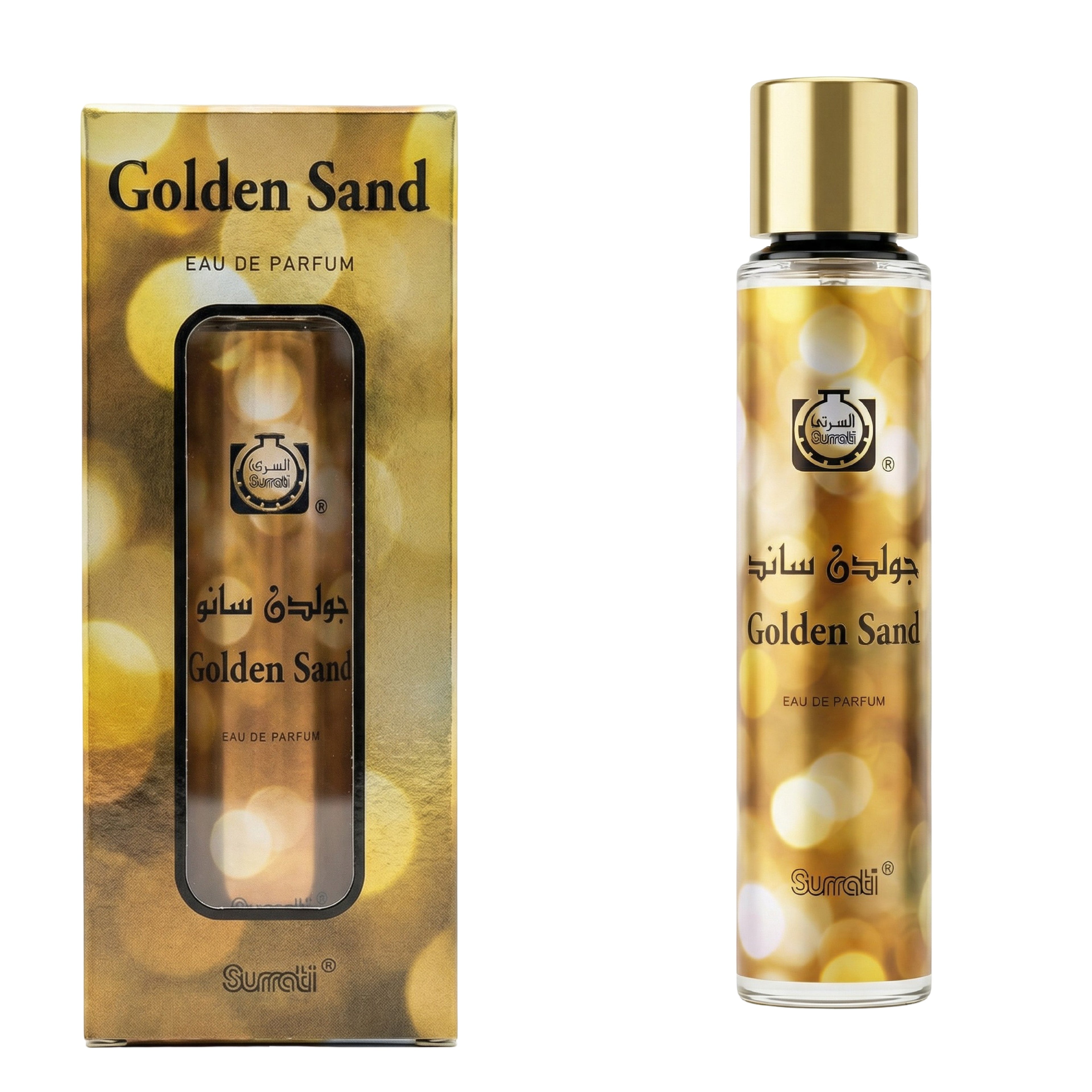 Golden Sand Eau de Parfum bottle and its matching retail box, both featuring a shimmering gold bokeh design with a clear window showing the liquid inside. The bottle has a metallic gold cap, and the box displays the brand name 'Surret' and product name 'Golden Sand'.
