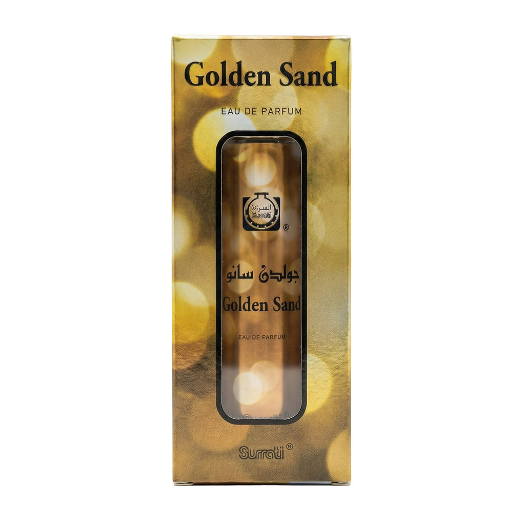 Golden Sand Eau de Parfum box by Surali, featuring a gold and brown bokeh background with a central window displaying the amber-colored perfume bottle.