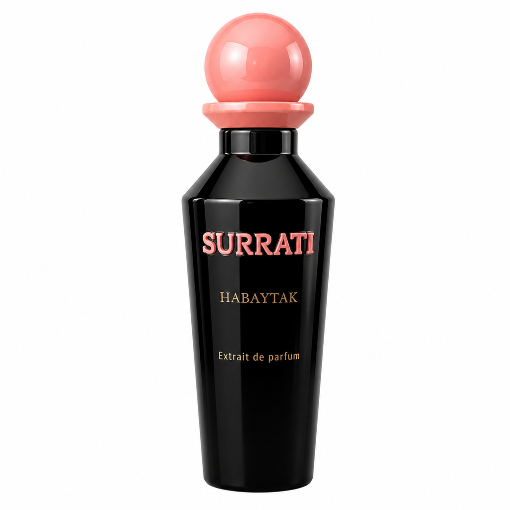 Black Surrati perfume bottle with pink cap on a white background