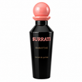 Black Surrati perfume bottle with pink cap on a white background