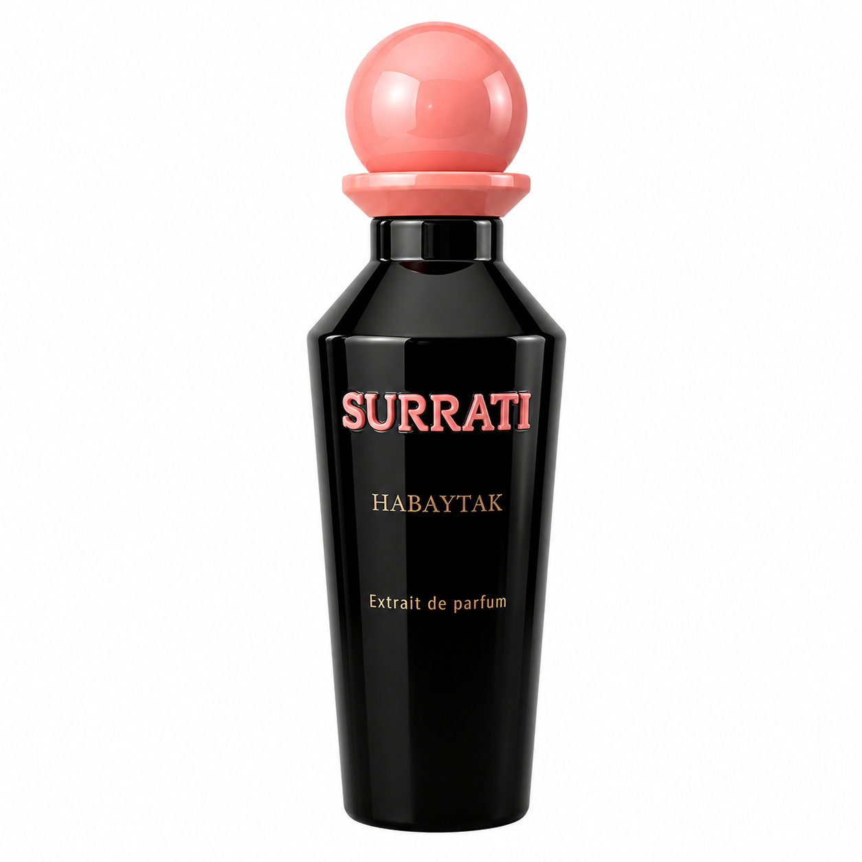 Black Surrati perfume bottle with pink cap on a white background