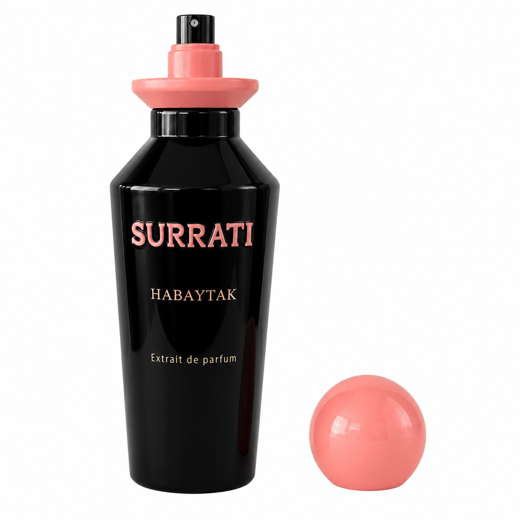 Black Surrati perfume bottle with pink cap on a white background