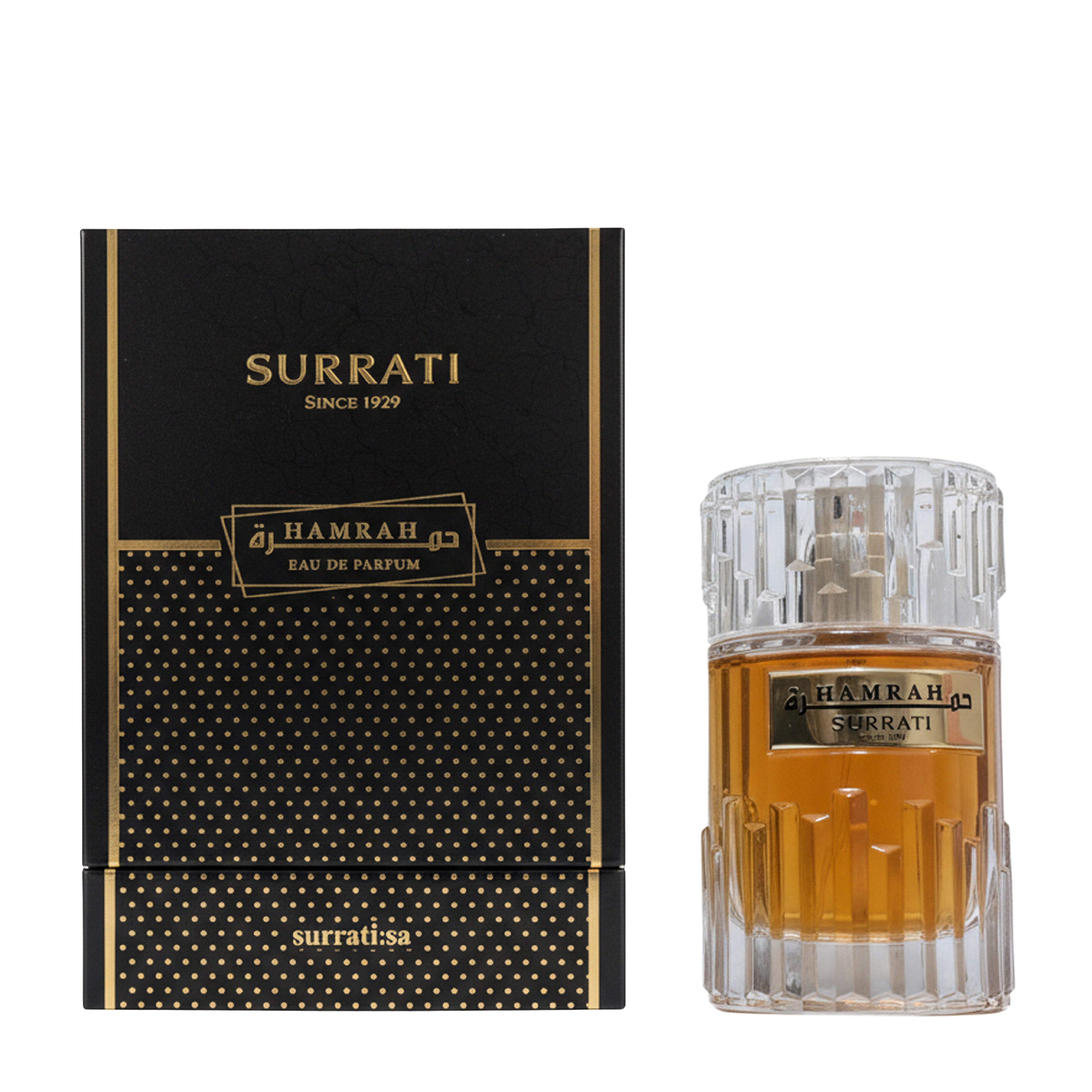 Surrati Hamrah 33 Eau de Parfum shown with its black and gold retail box next to the clear glass perfume bottle containing amber liquid, on a white background.