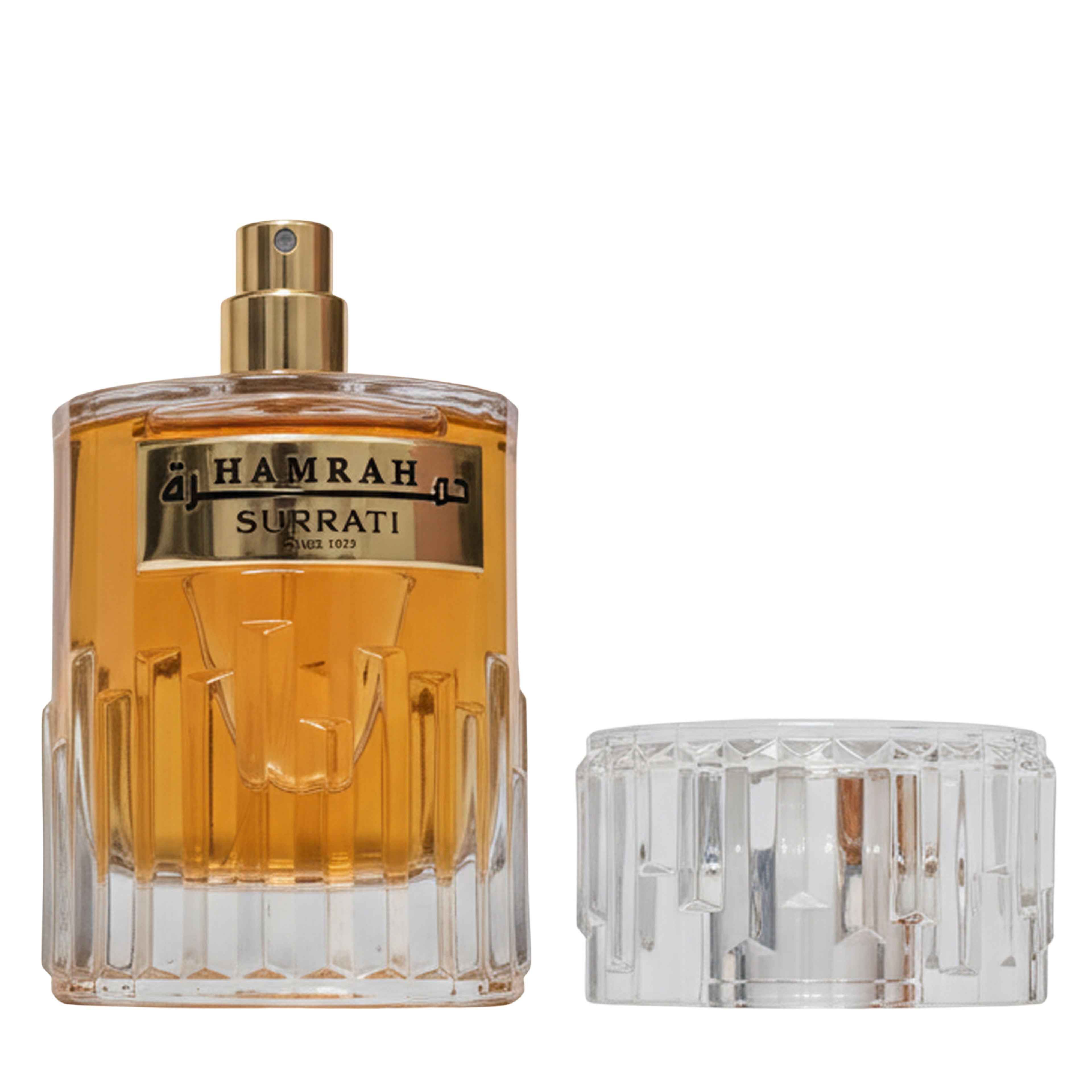 Perfume bottle with gold cap and clear label on a white background