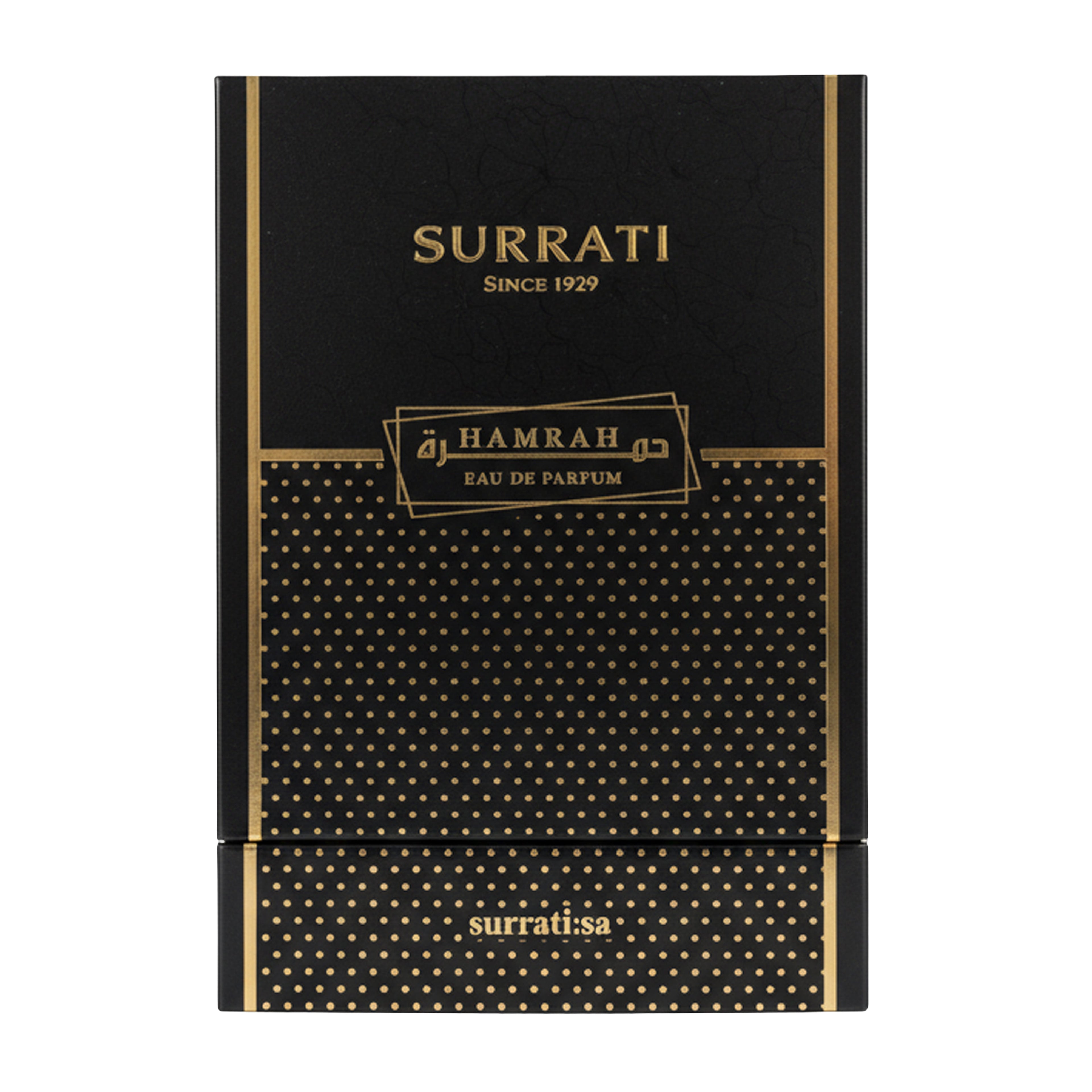 Surrati Hamrah Eau de Parfum packaging box, featuring a black textured cover with gold lettering and a gold polka-dot patterned lower half.