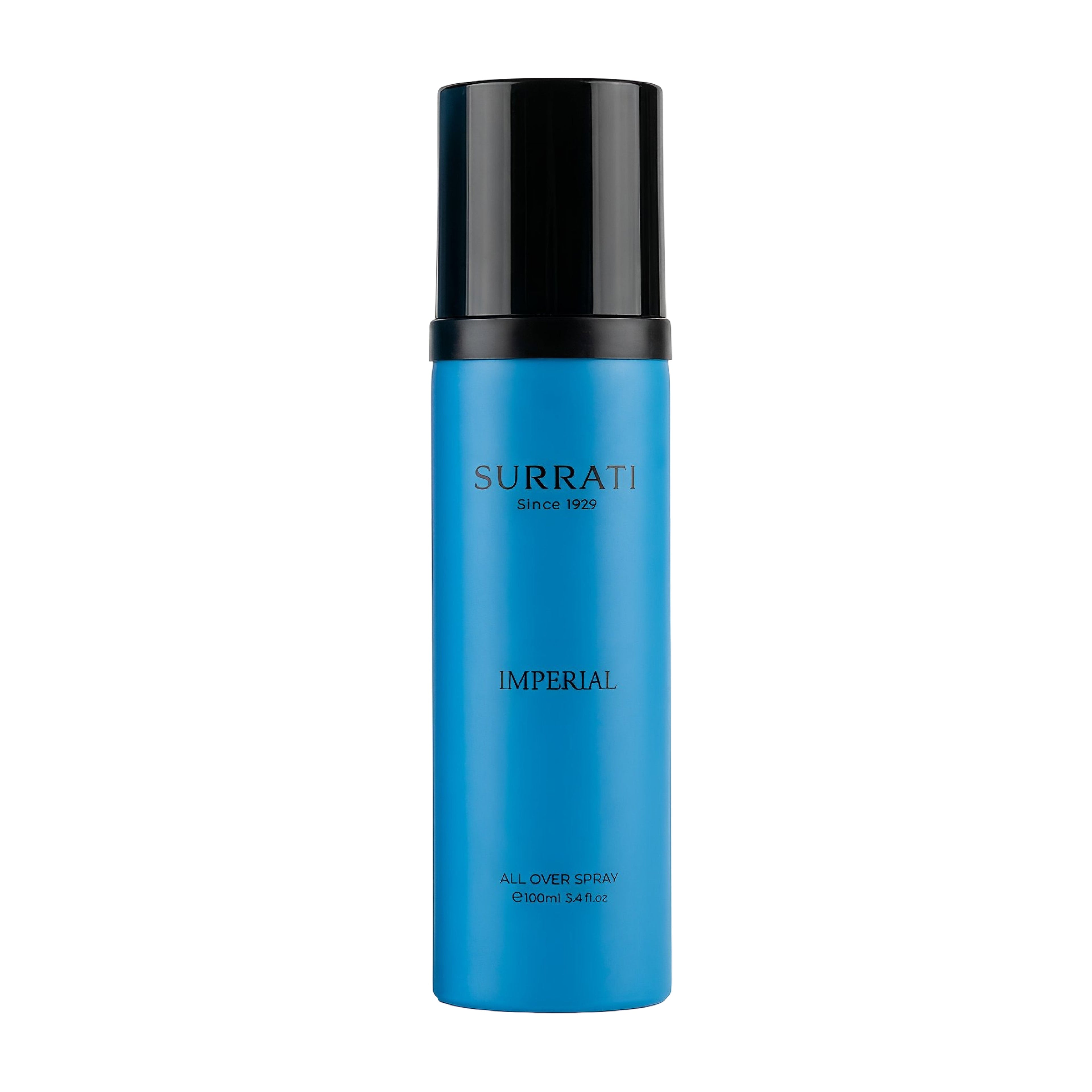 Blue spray bottle with black cap labeled 'Surrati Imperial' on a white background