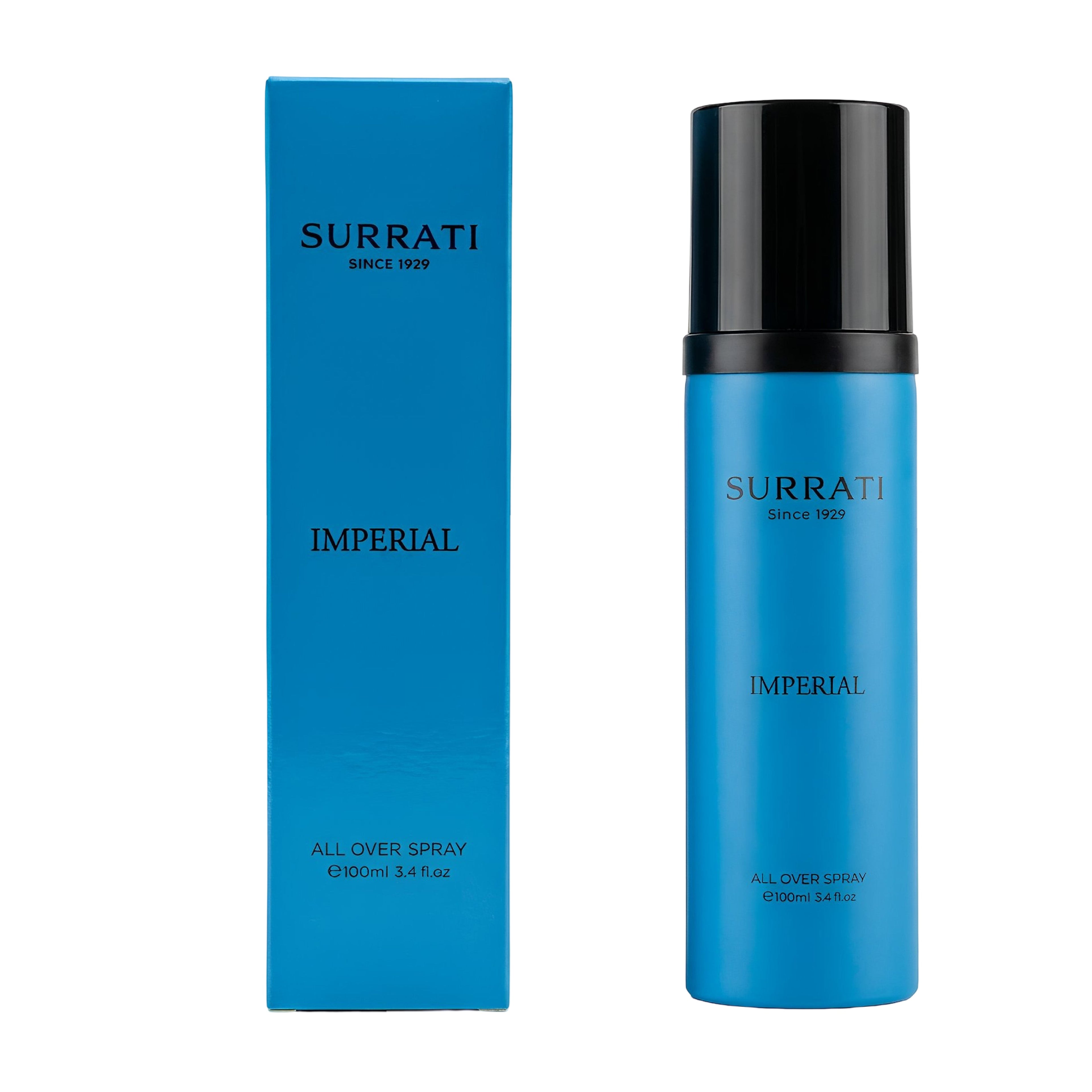 Surrati Imperial all-over spray bottle in bright blue with a black cap, shown next to its matching blue packaging box on a white background.
