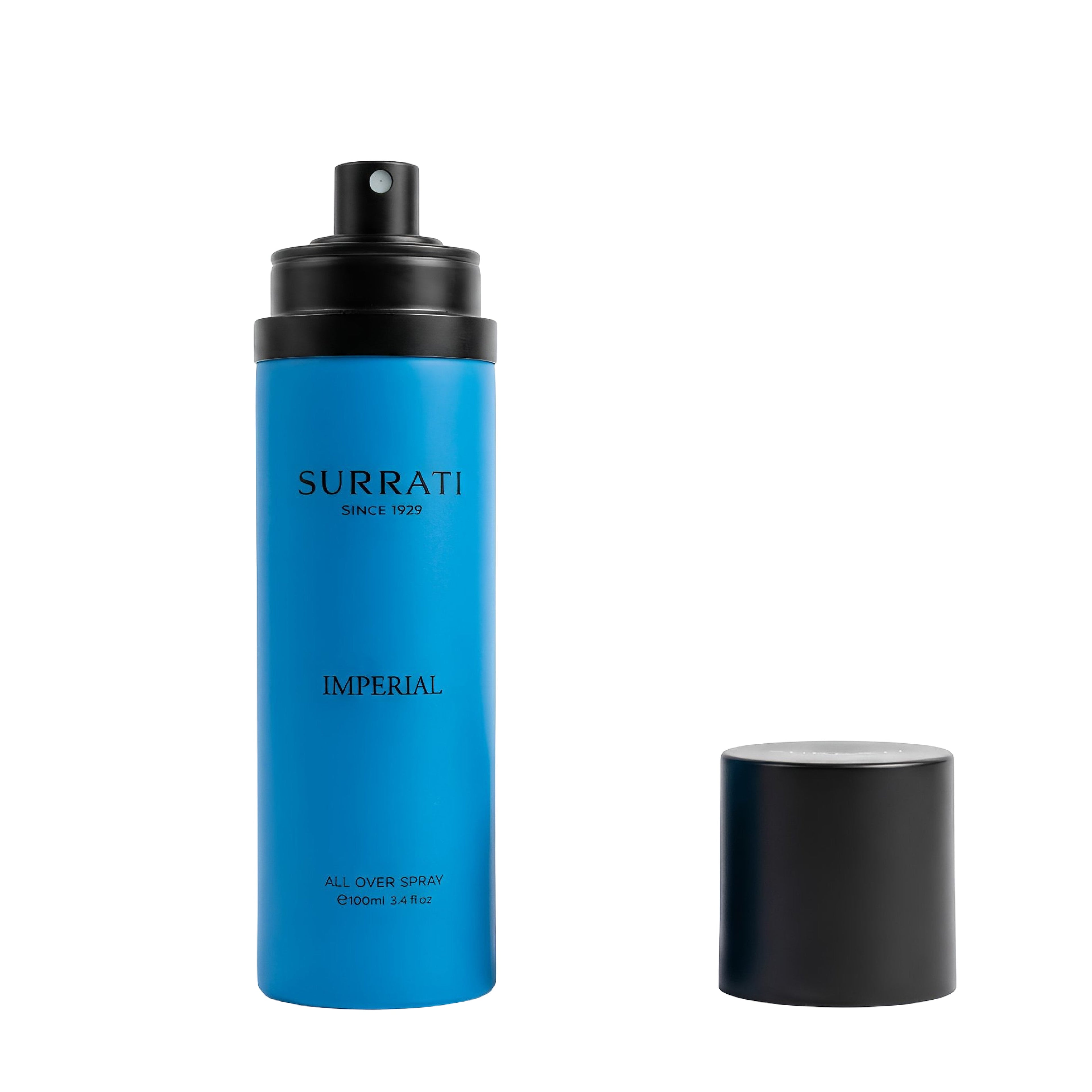 Surrati Imperial All Over Spray in a vibrant blue aerosol can with a black spray top, shown next to its detached black cap on a plain white background.