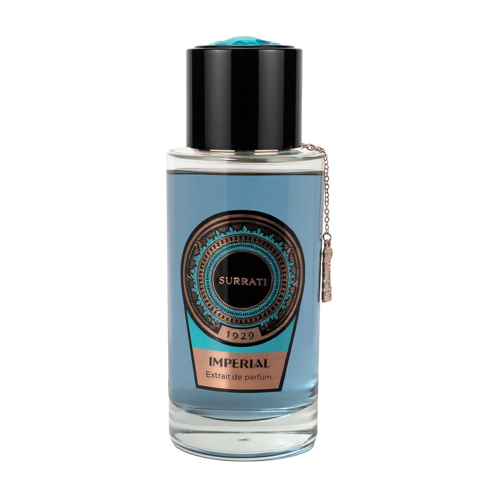 Perfume bottle with decorative label on a white background