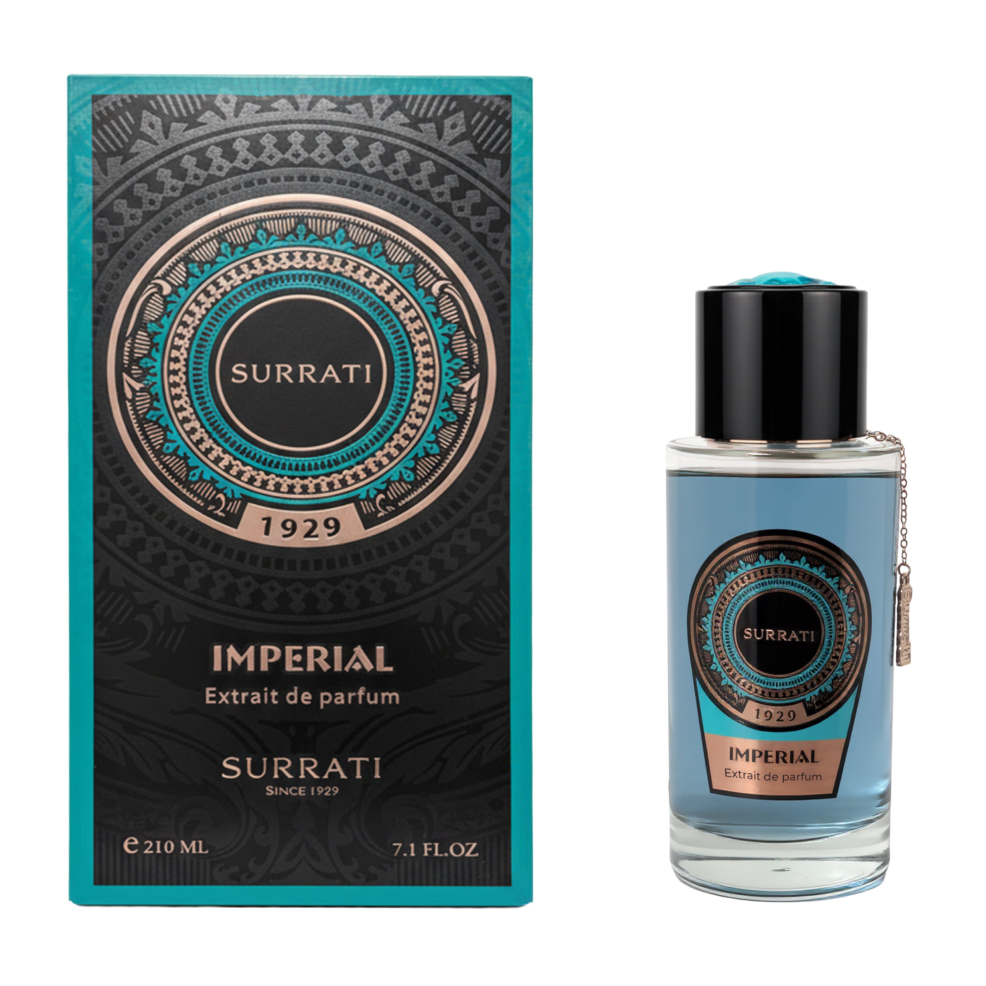Surrati Imperial Extrait de Parfum 7.1 fl oz bottle next to its black and teal patterned packaging box, on a white background.