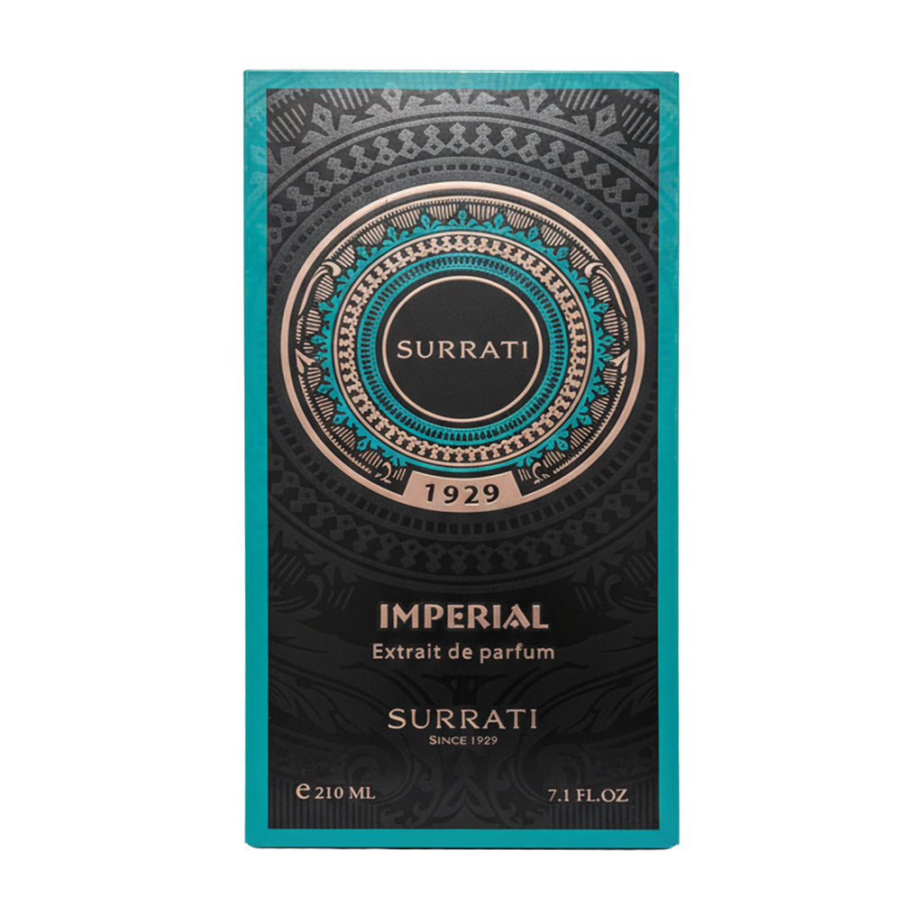 Surrati Imperial Extrait de Parfum packaging box, featuring a dark textured background with intricate gold and turquoise mandala patterns, and gold lettering.
