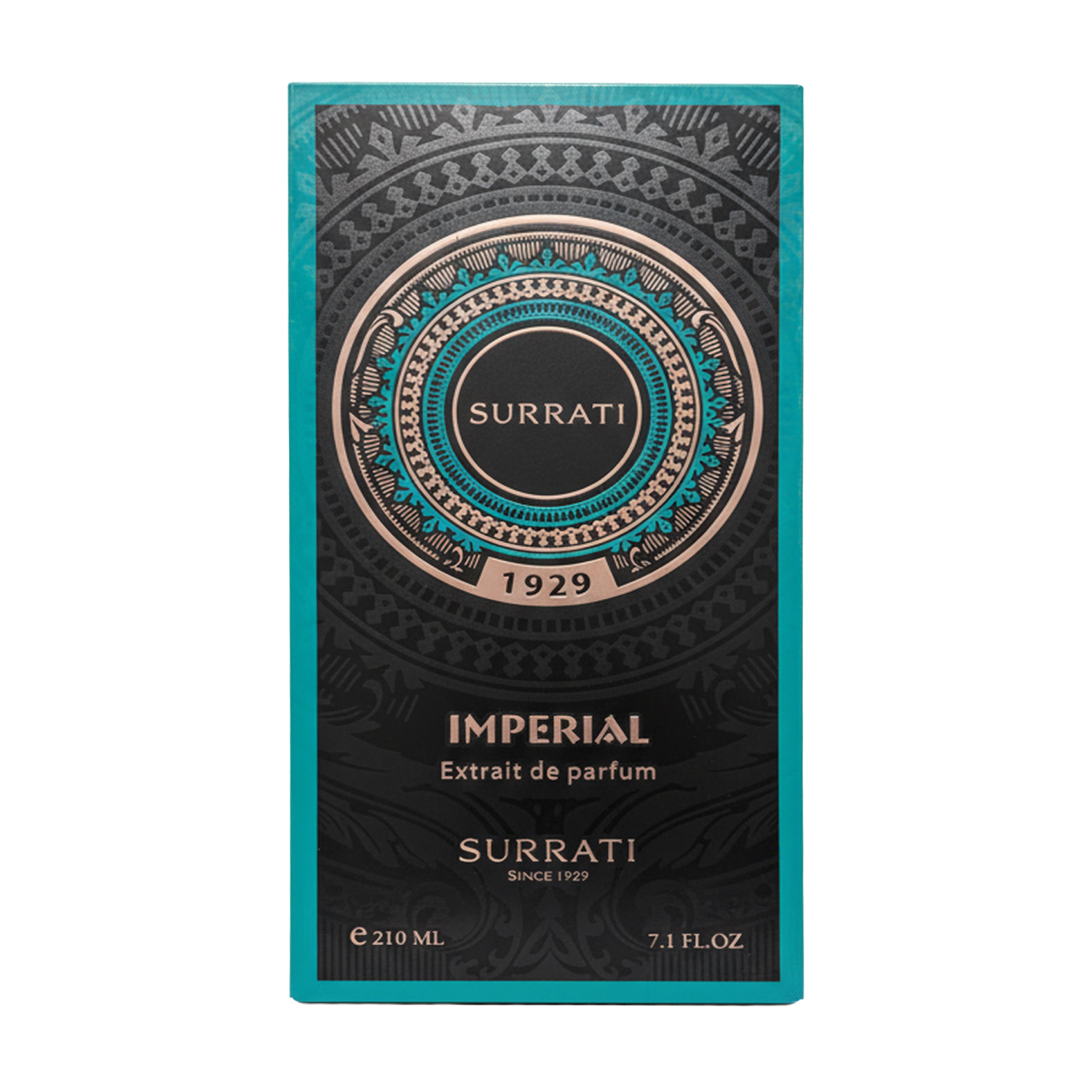 Surrati Imperial Extrait de Parfum packaging box, featuring a dark textured background with intricate gold and turquoise mandala patterns, and gold lettering.