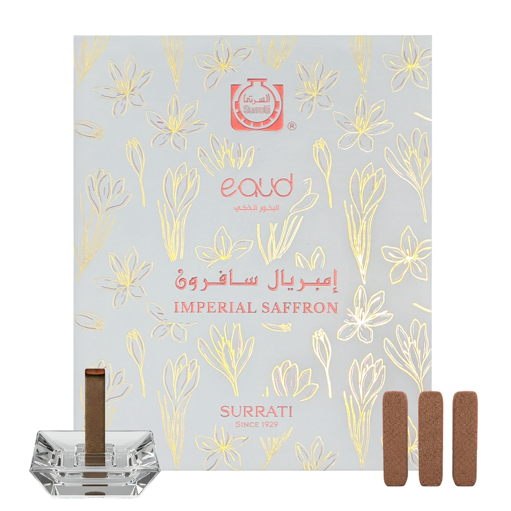 Surrati Imperial Saffron eaud packaging with incense sticks and holder on a white background