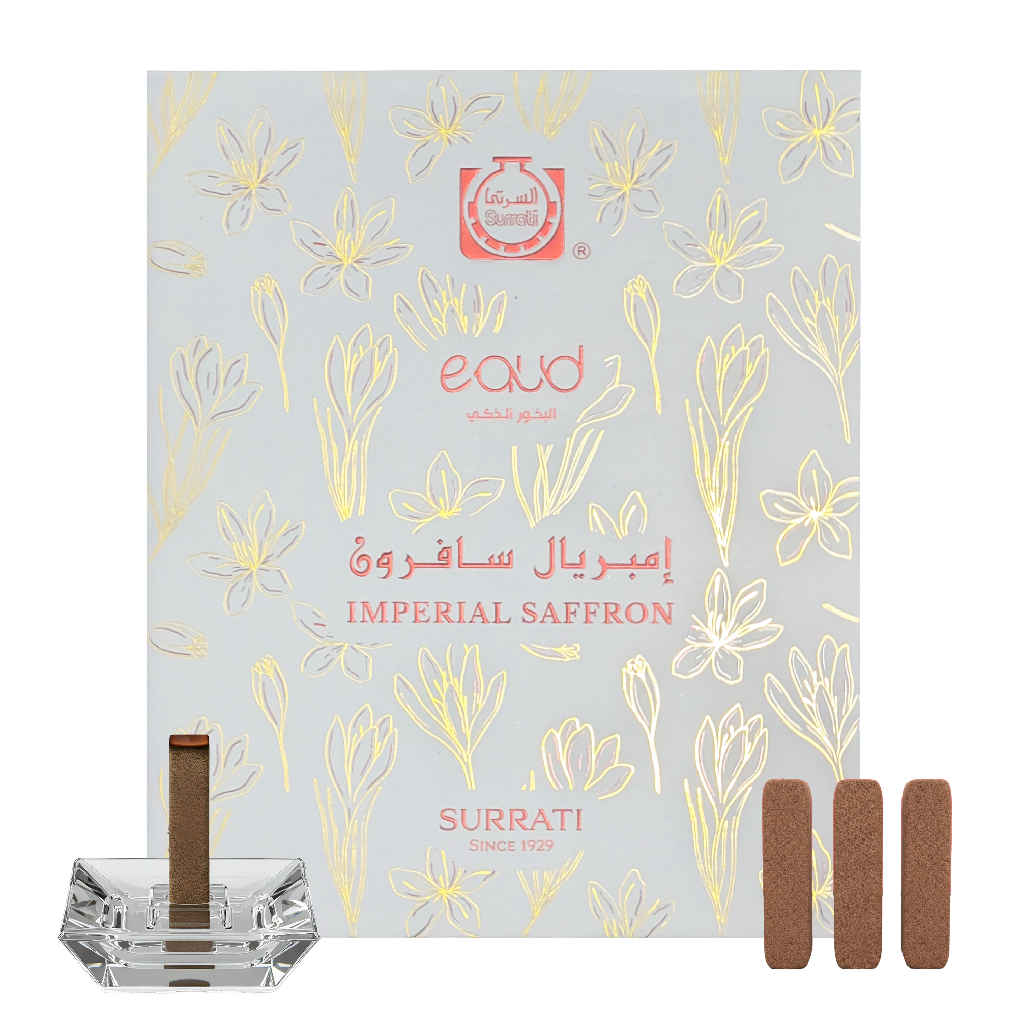 Surrati Imperial Saffron eaud packaging with incense sticks and holder on a white background