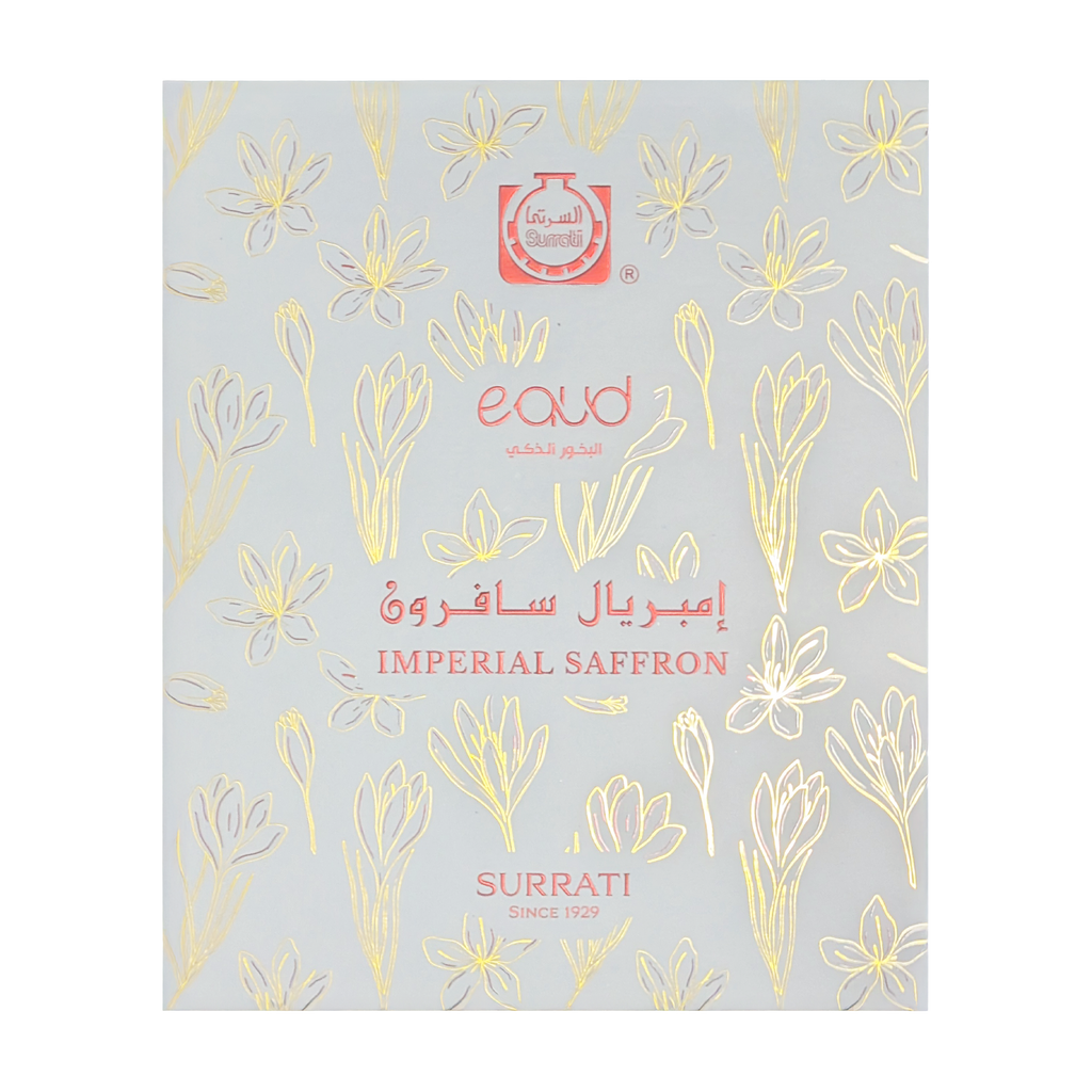 A square product package for Surrati Imperial Saffron, featuring a light gray background with a delicate pattern of gold saffron flowers and red text and logo.