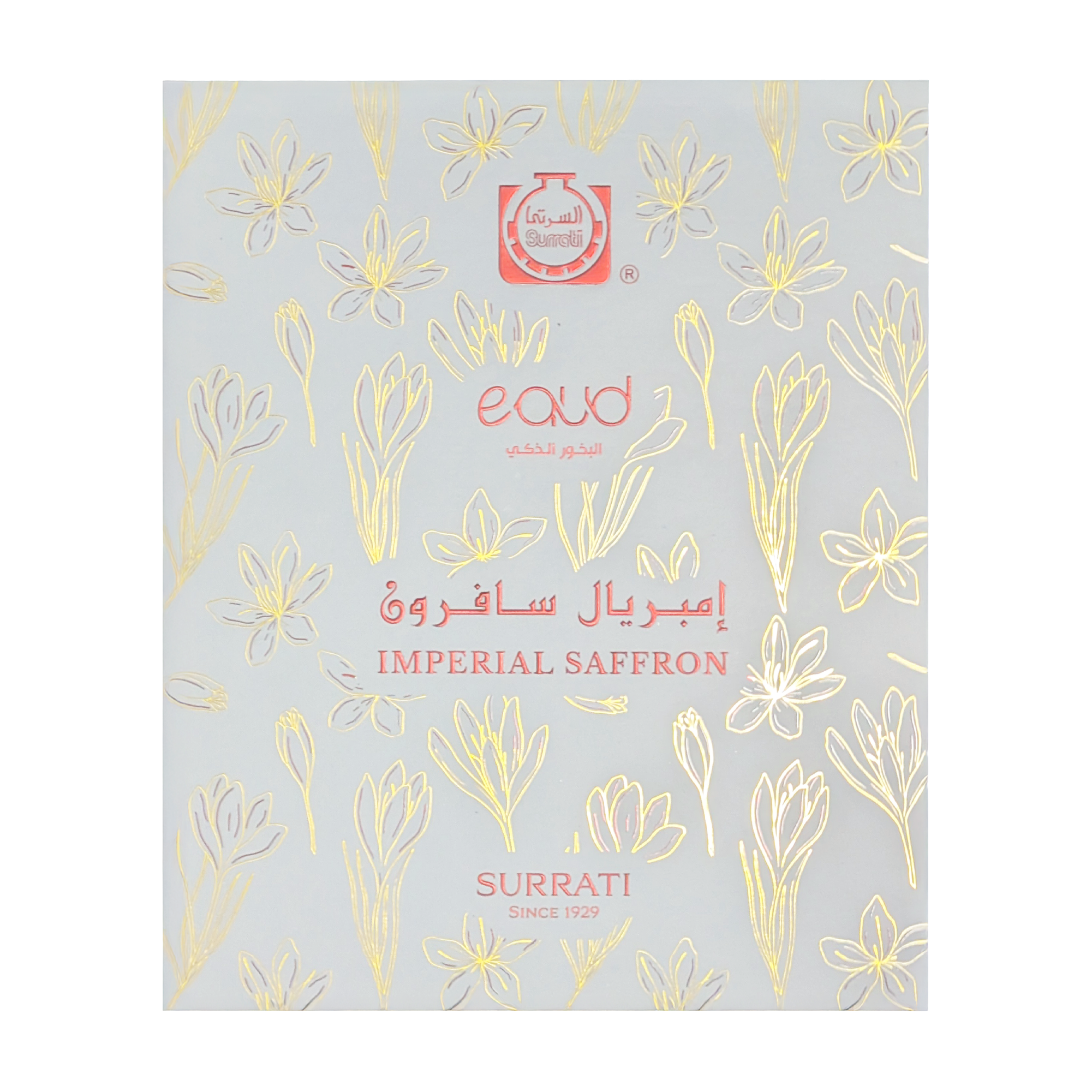 A square product package for Surrati Imperial Saffron, featuring a light gray background with a delicate pattern of gold saffron flowers and red text and logo.