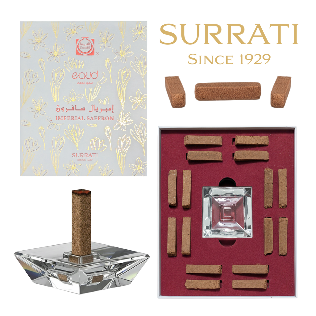 Surrati Imperial Saffron set featuring a silver faceted glass holder with a saffron stick, a silver and gold patterned box, loose saffron sticks, and an open red tray displaying multiple saffron sticks, with the brand name Surrati at the top.