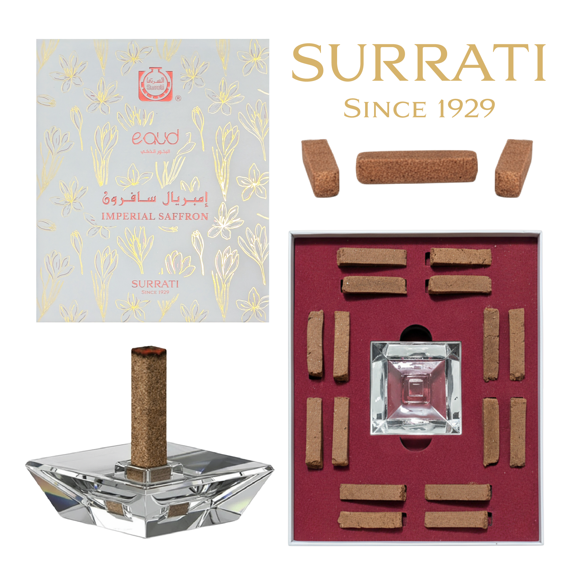 Surrati Imperial Saffron set featuring a silver faceted glass holder with a saffron stick, a silver and gold patterned box, loose saffron sticks, and an open red tray displaying multiple saffron sticks, with the brand name Surrati at the top.